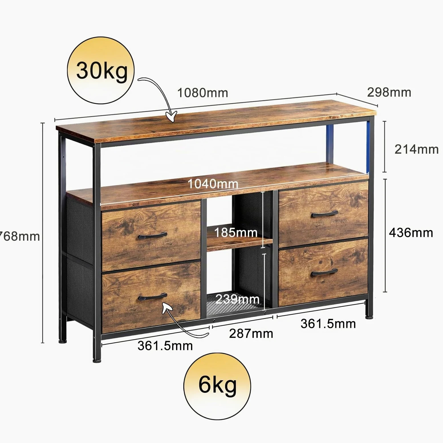 BRILVERDE Meuble TV LED 108cm avec 4 Tiroirs en Tissu PU, Banc TV Vintage, Meuble Télé avec Rangement, Buffet Multimédia pour Salon, Chambre (Rayures de Tigre, 108cm A)