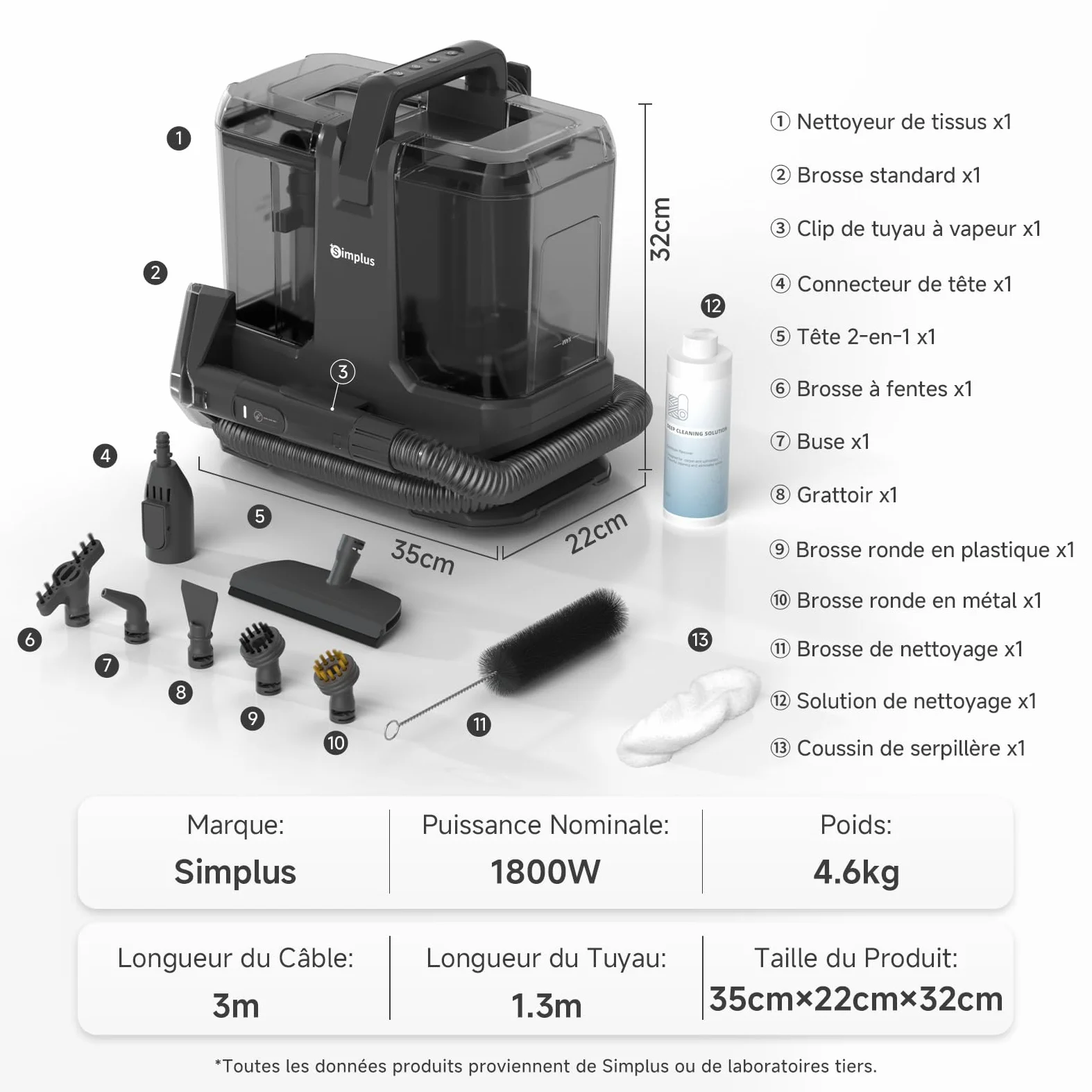 SIMPLUS Nettoyeur Vapeur Tissu Canapé Portable avec Fonction Eau Chaude 110℃, Shampouineuse Extracteur 22000Pa, Double Réservoir, 9 Brosses pour Tapis Moquette Voiture Matelas Animaux