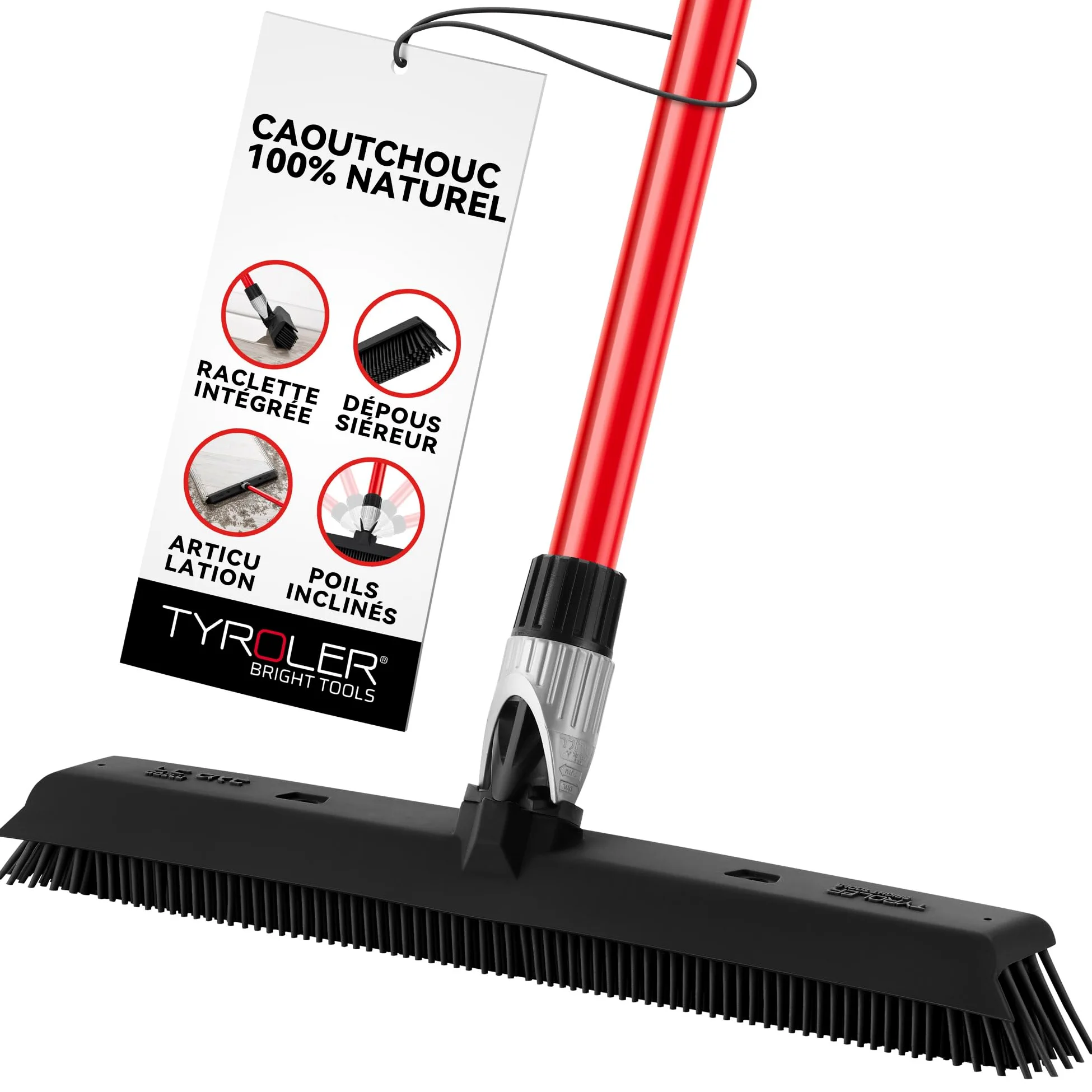 Tyroler Balai Caoutchouc & Raclette Sol | Tête De 41 cm Balai Bross Poils Animaux | Manche Anti-Rouille en 4 Parties de 140 cm pour Balais Coiffeur Caoutchouc Professionnel | Balais Nettoyer Sol