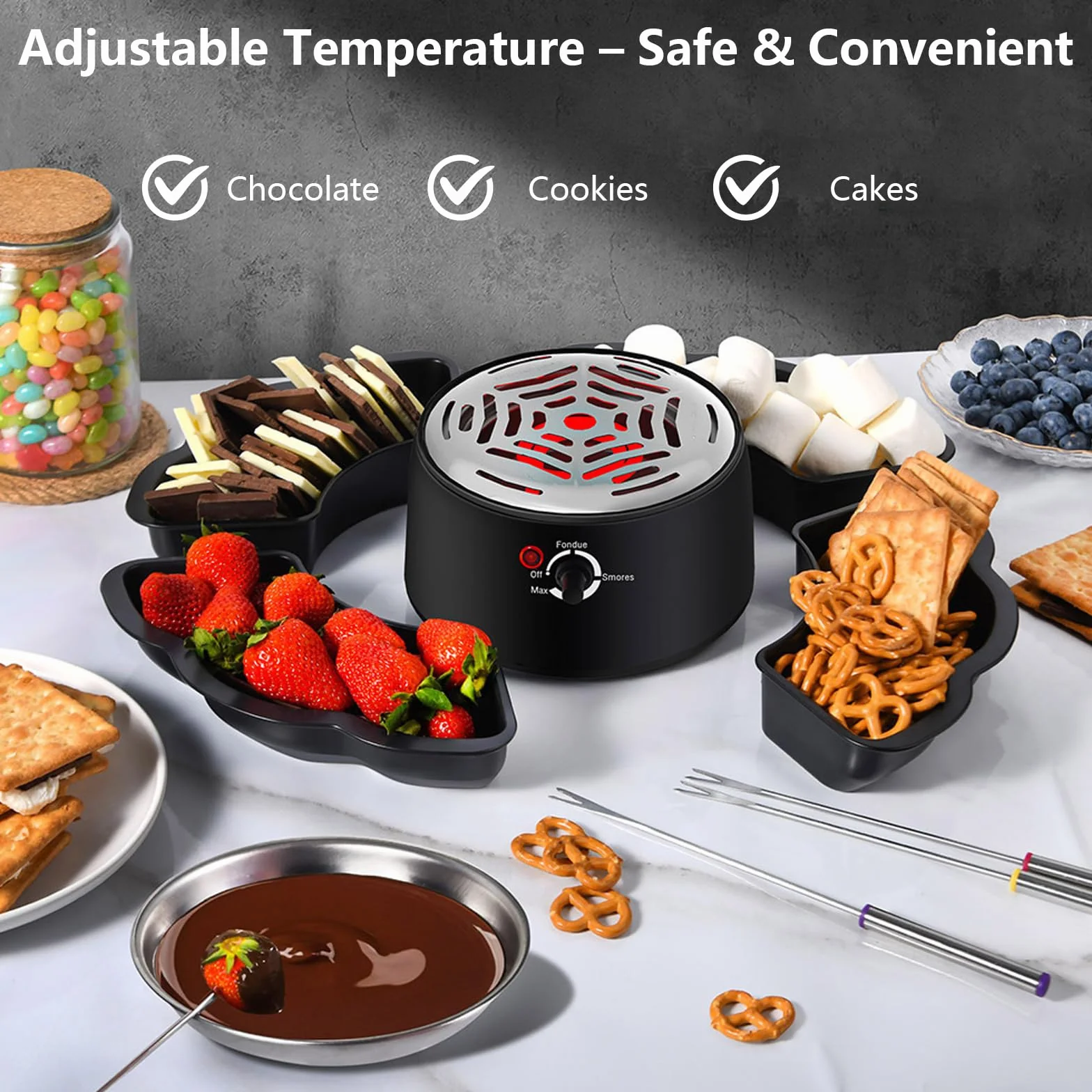 Set à fondue au chocolat 12 pièces avec plateau à fruits et biscuits, appareil 2-en-1 pour fondue et S’mores, chauffe-marshmallow électrique à température réglable, idéal pour fêtes et famille