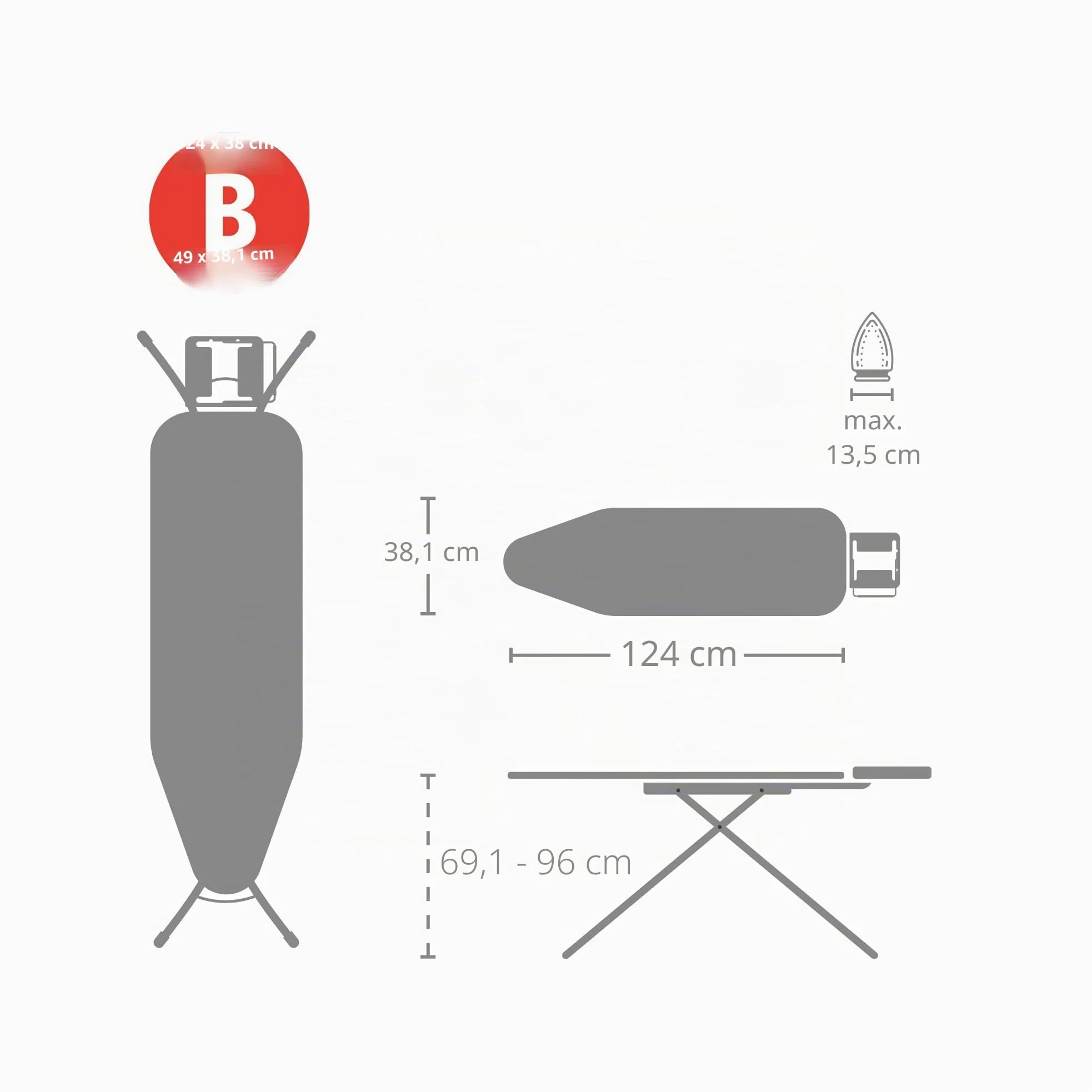 Brabantia - Table à Repasser Taille B - pour Fer Vapeur - Planche a Repasser - pour Les Gauchers et Les Droitiers - Plateau Extra-Stable - pour Fers Jusqu'à 13,5 cm - Denim Black - 124x38cm