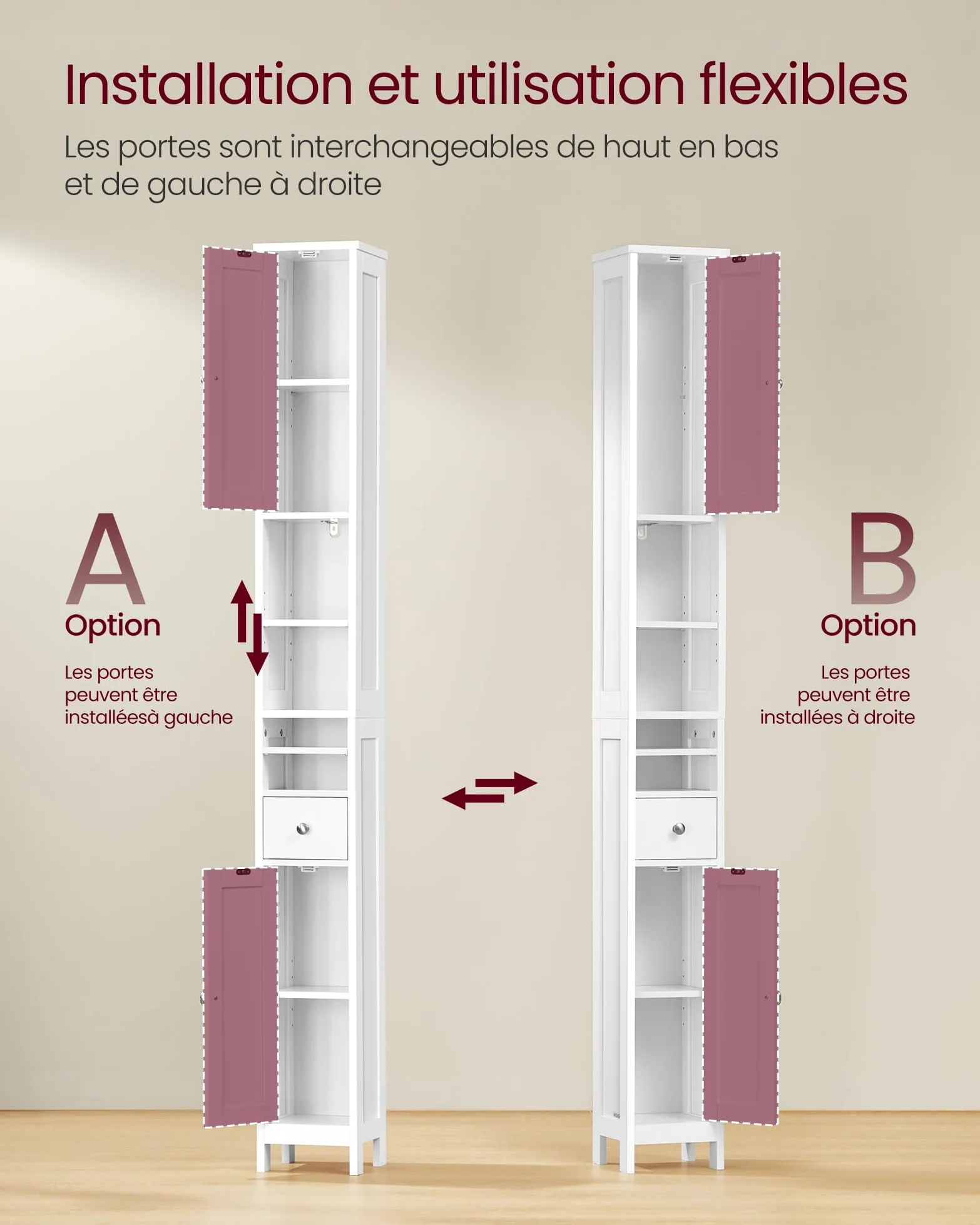 VASAGLE Colonne Salle de Bain Haute, Meuble Salle de Bain Etroit, avec Étagères Réglables, Tiroir, Compartiments Ouverts, pour Les Petits Espaces, Moderne, Blanc Nuage BBC765W01