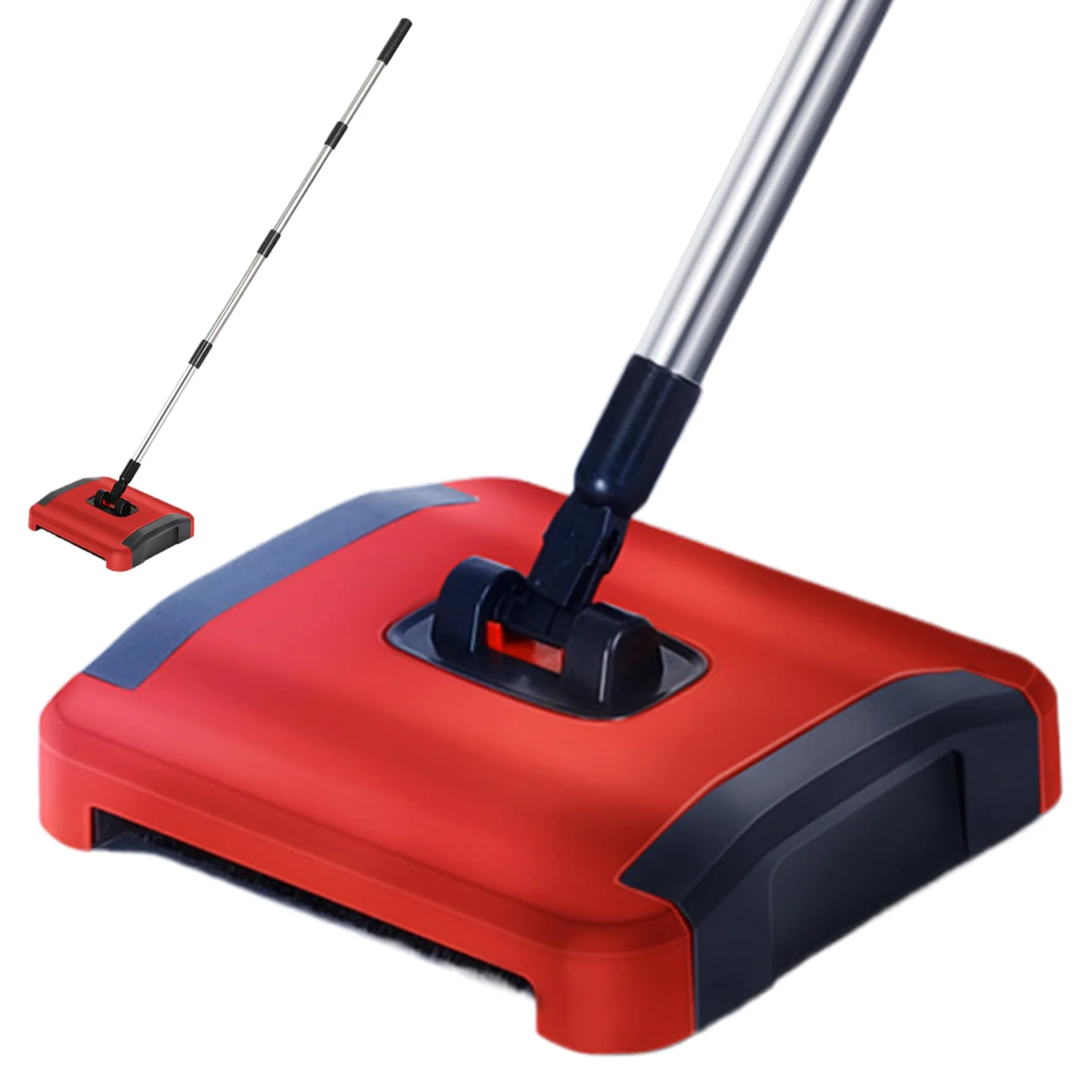 Balayeuse de tapis manuelle 3 brosses roulantes brosse de sol avec roues et grande poubelle nettoyeur de tapis détachable de 43 pouces pour poils d'animaux poussière débris balayeuse de sol bross