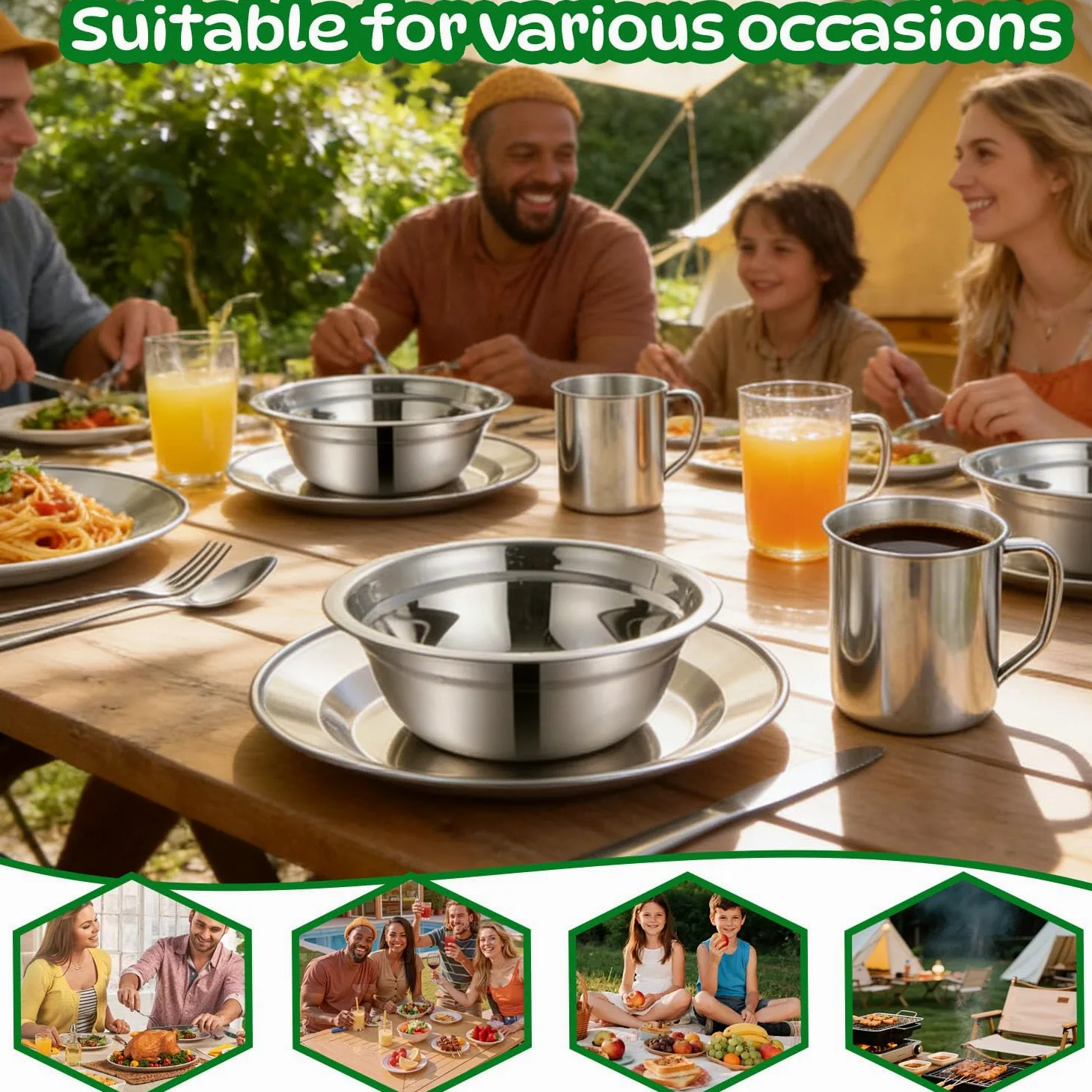 Couvert Camping pour 4 Personnes,29 pièces Couverts Camping Acier Inoxydable Assiette Tasse Couteau Fourchette Cuillère Sac Rangement,pour Famille et Amis Randonnée Pique-Nique Voyage