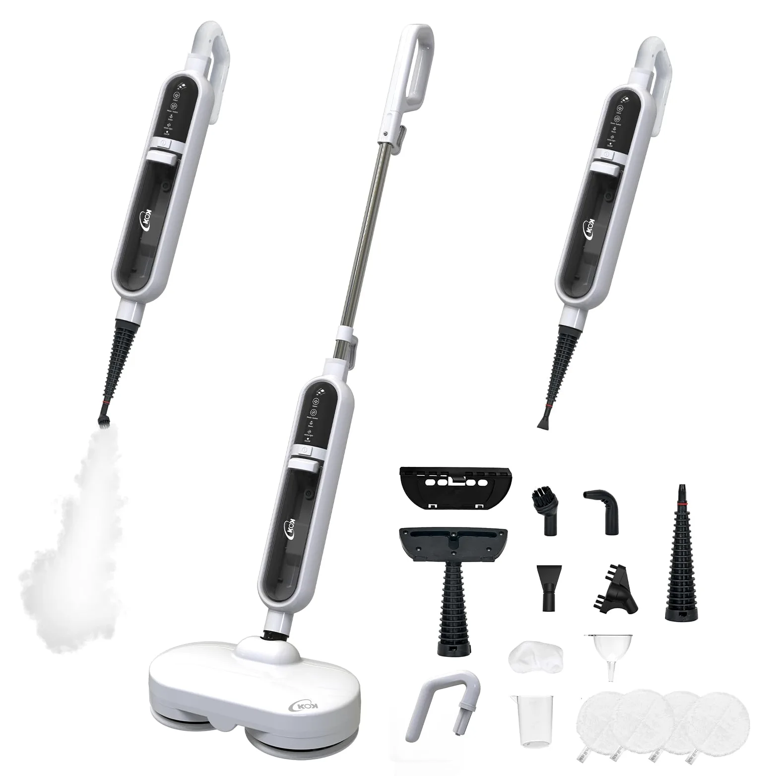 KOK 10-en-1 Nettoyeur vapeur, Balai Vapeur avec Fonction Rotative, Vapeur à haute température, 500 ml Capacité, 15 Accessoires, 10s Temps chauffage, pour les chambres, les cuisines et les salons