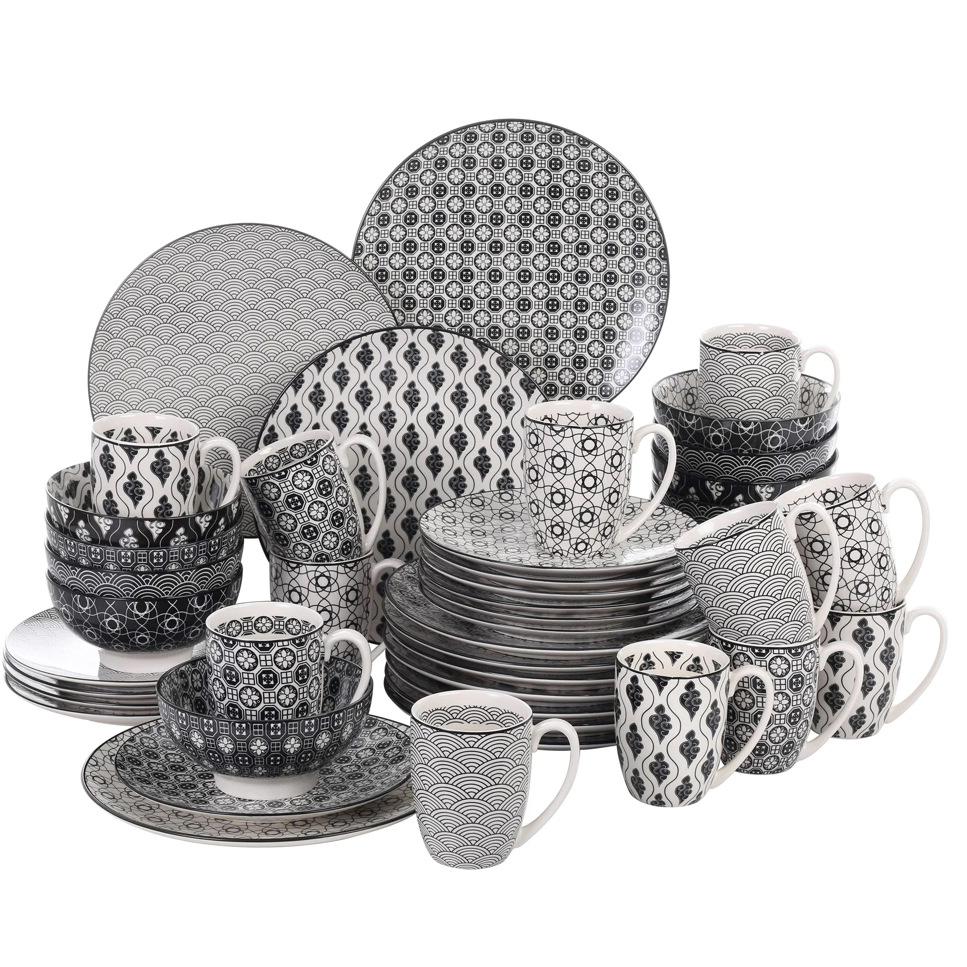 vancasso, Haruka Service de table en porcelaine, 48 pièces, ronds, pour 12 personnes, comprend gobelets, bols, assiettes à dessert et assiettes plates