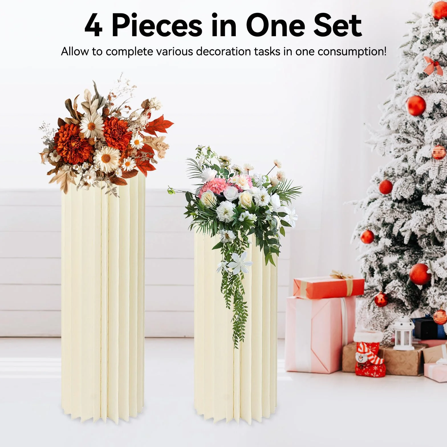 Lot de 4 supports cylindriques pliables en papier pour fêtes, table cylindrique, table cylindrique, colonne romaine en carton, présentoir à gâteaux, support de socle pour mariage (blanc crème)