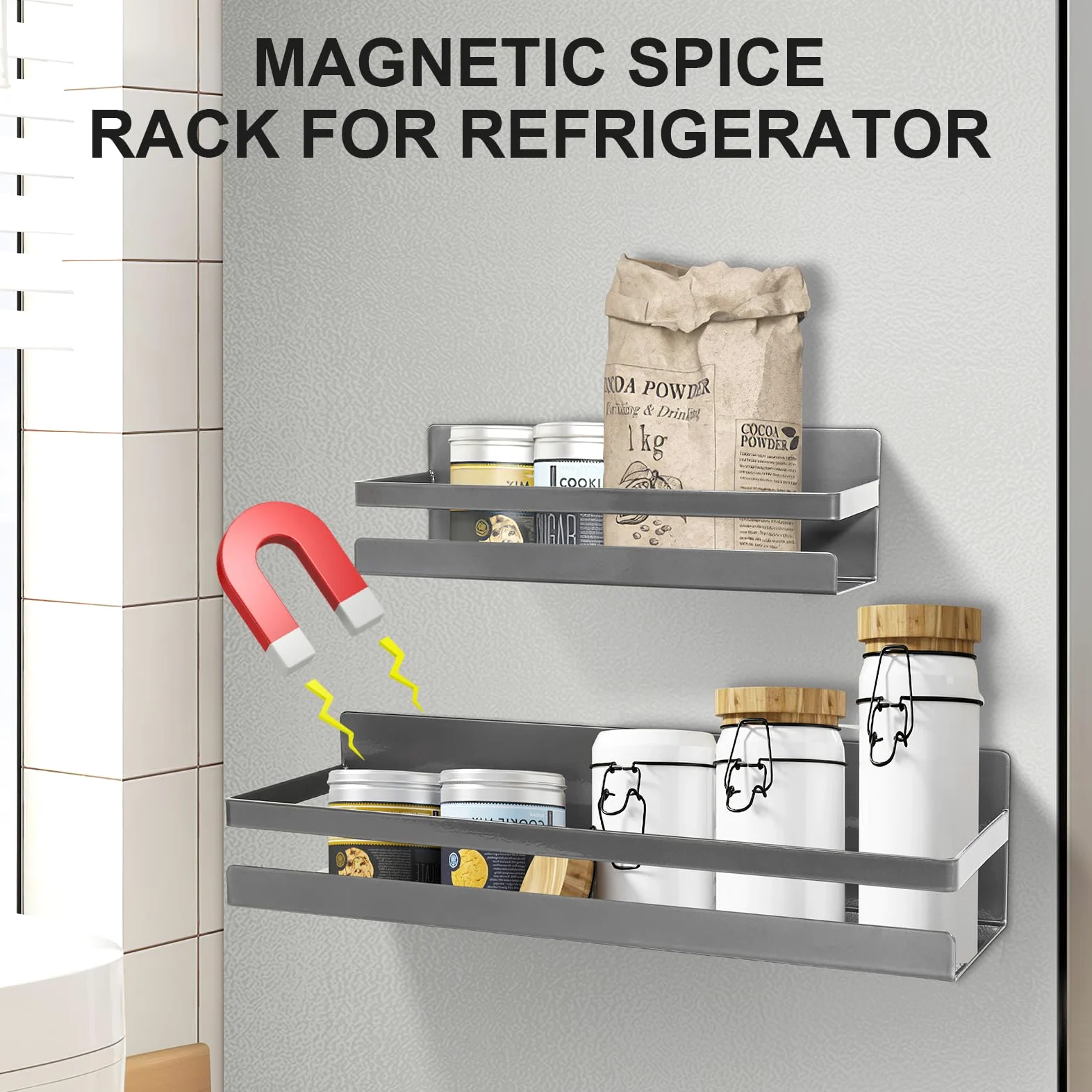 Uten Grande étagère à épices magnétique pour réfrigérateur, lot de 2 étagères magnétiques puissantes, étagère magnétique mobile pour la cuisine, contenir des épices, des bocaux, parfait pour