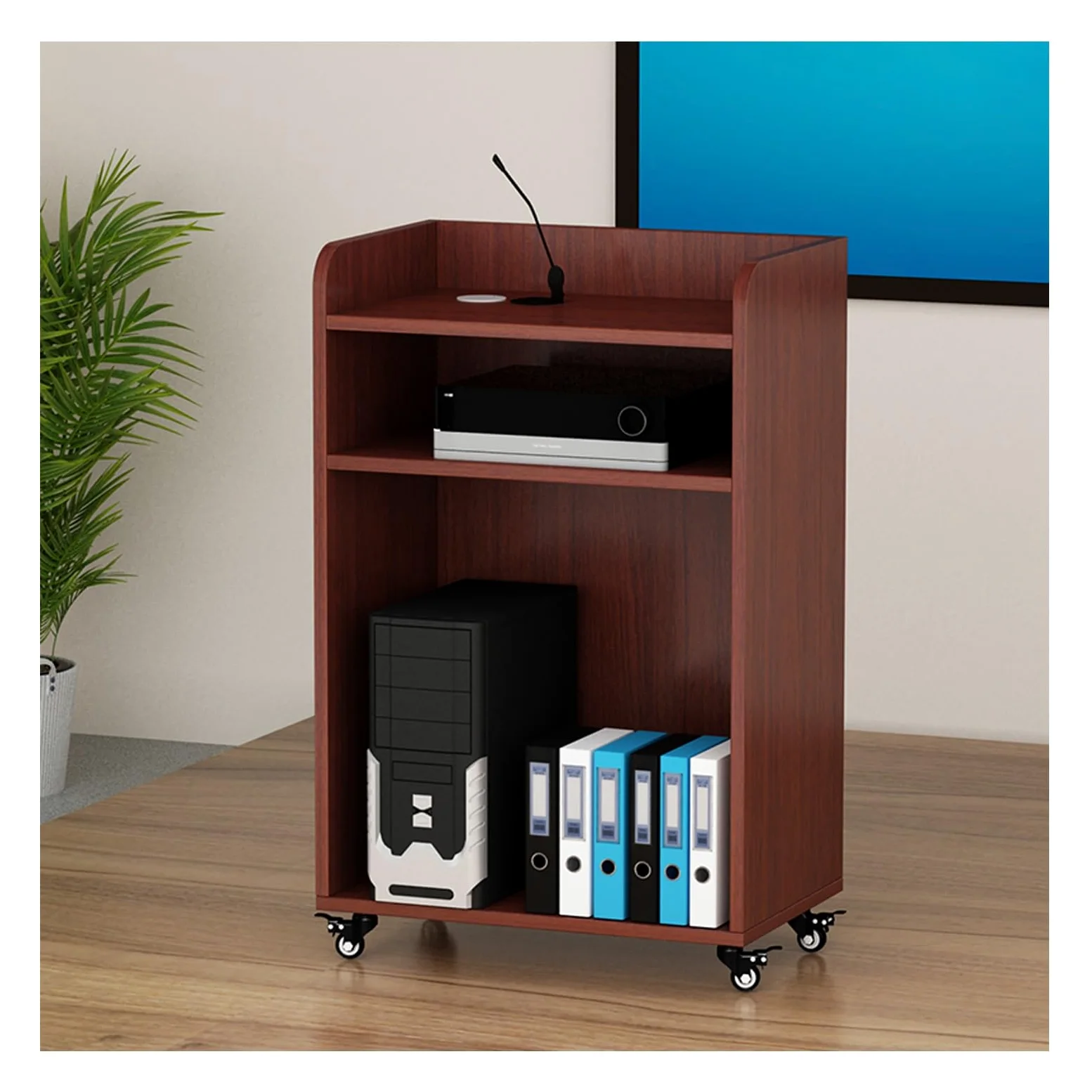 Podium roulant portable réglable – Support de haut-parleur en bois de teck pour présentations, églises, salles de classe, mariages – lutrin facile à déplacer avec roues