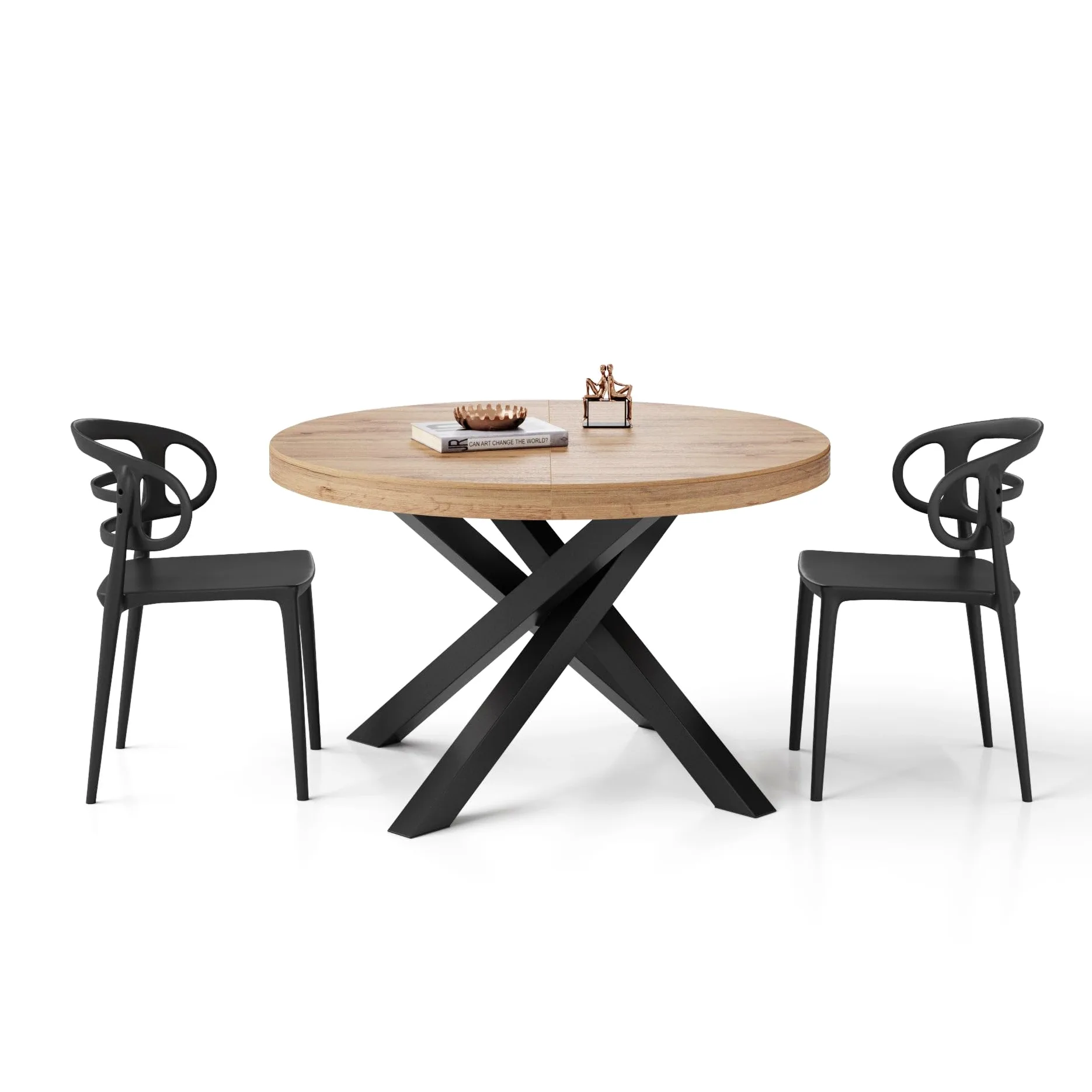 MOBILI FIVER, Table Ronde Extensible Emma, 120-160 cm, Bois Rustique, avec Pieds Noirs croisés, pour 4-6 Personnes, Table Extensible pour Cuisine, Salon, Made in Italy