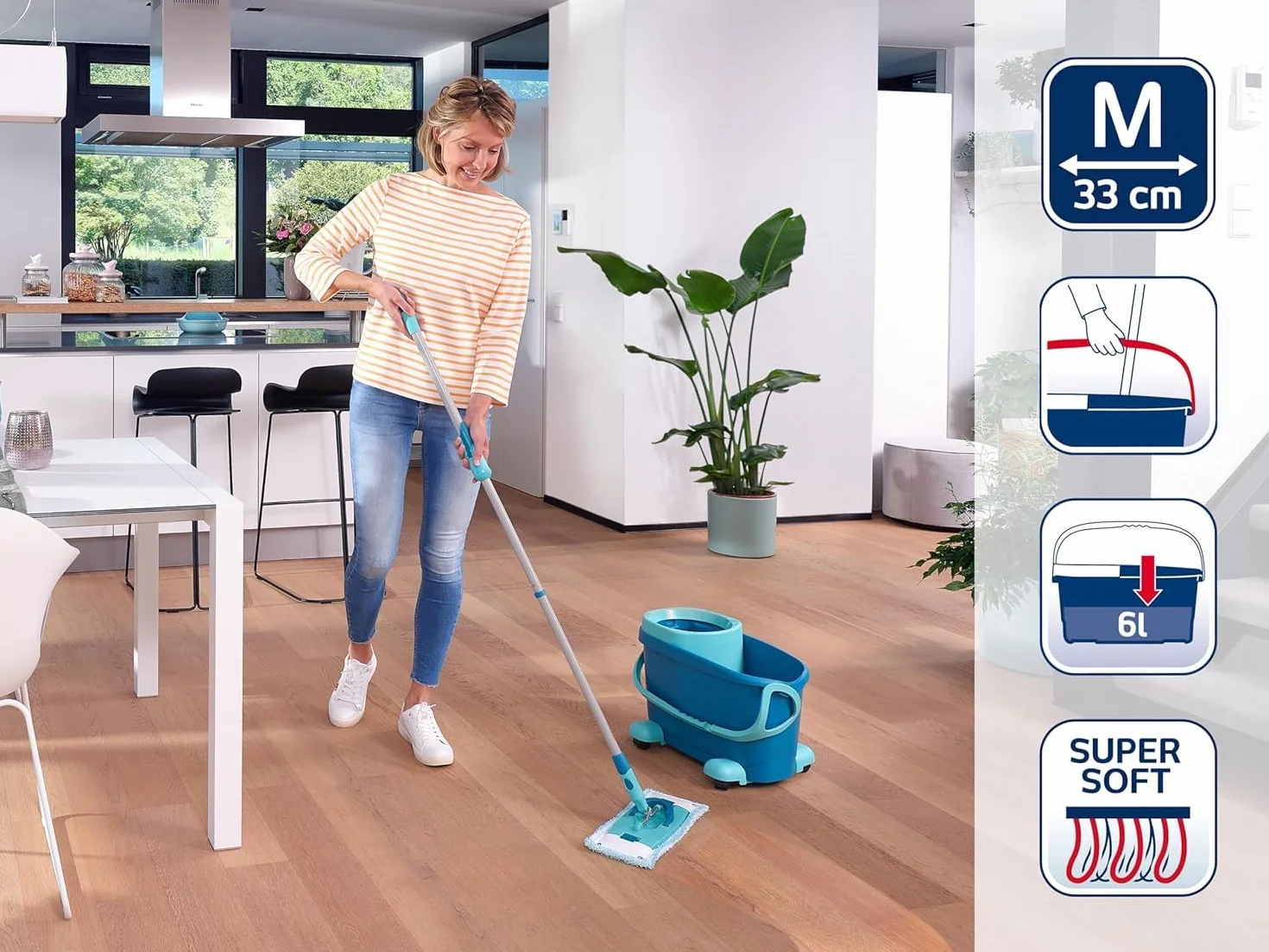 Leifheit Set Clean Twist M Ergo, Lave-Sol avec Molleton Ultra Doux, Seau essoreur et Balai à Plat essorage Facile, Balai serpillère Microfibre, kit de Lavage pour sols délicats, Chariot à roulettes
