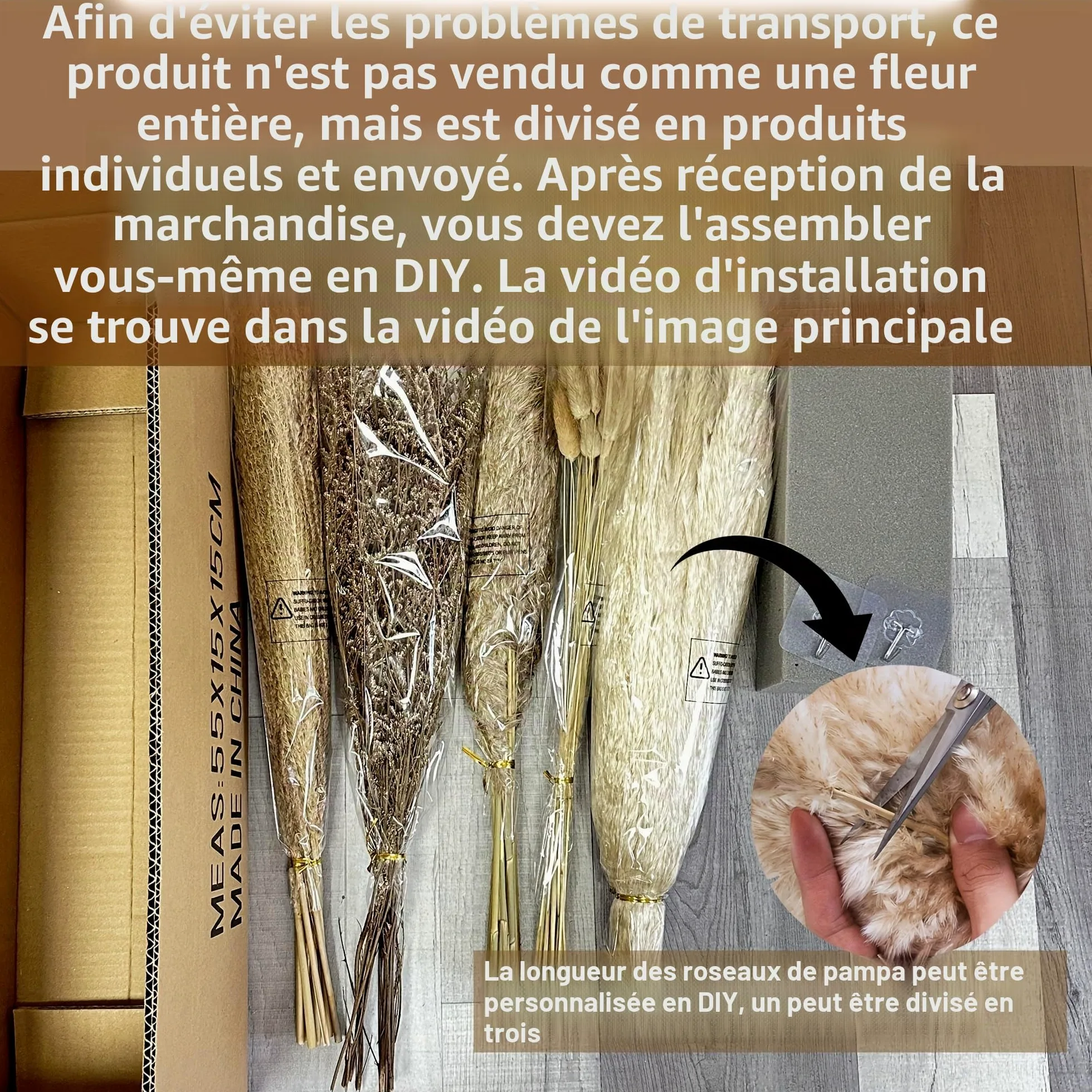 Kit de suspension murale à faire soi-même avec herbe de la pampa naturelle et roseau – Arrangement de fleurs séchées bohème beige et marron avec base en mousse pour arches de mariage