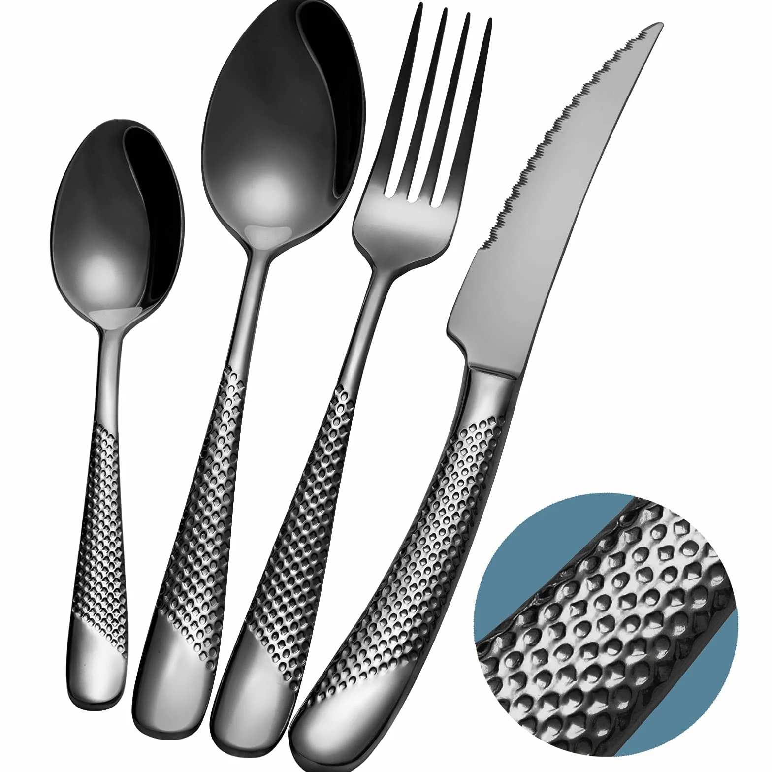 couverts de table 24 pieces martelées noirs avec couteau dentelé 2 en 1 ultra tranchant, menagere inox 18/10 6 personnes, couvert plaqu titane noires couteaux, fourchettes, cuillères