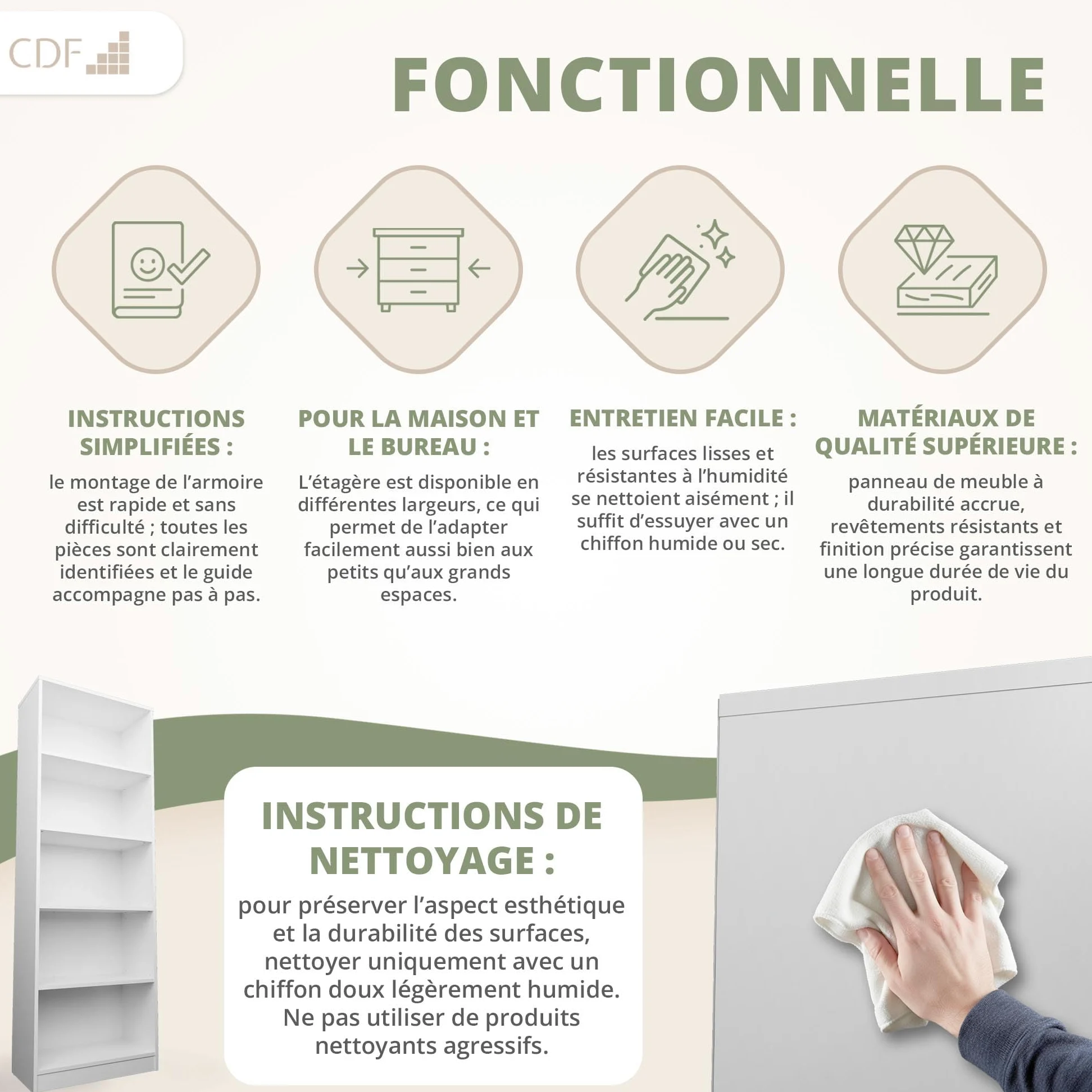 CDF Bibliothèque Ouverte Meuble à Case de Rangement avec Compartiments Colonne pour Bureau Salle à Manger Home Office Salon Livres Dossiers Décoration Chambre Modern Vertical - Blanc 60 cm