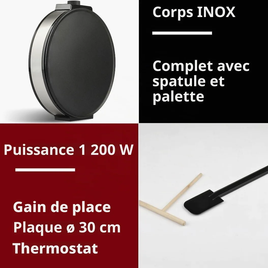 G3 Ferrari G10098 Profi-Crepe Crêpière Électrique 1200 W – Plaque de 30 cm en Inox, Revêtement Antiadhésif, Température Réglable, Spatule et Palette en Bois Incluses