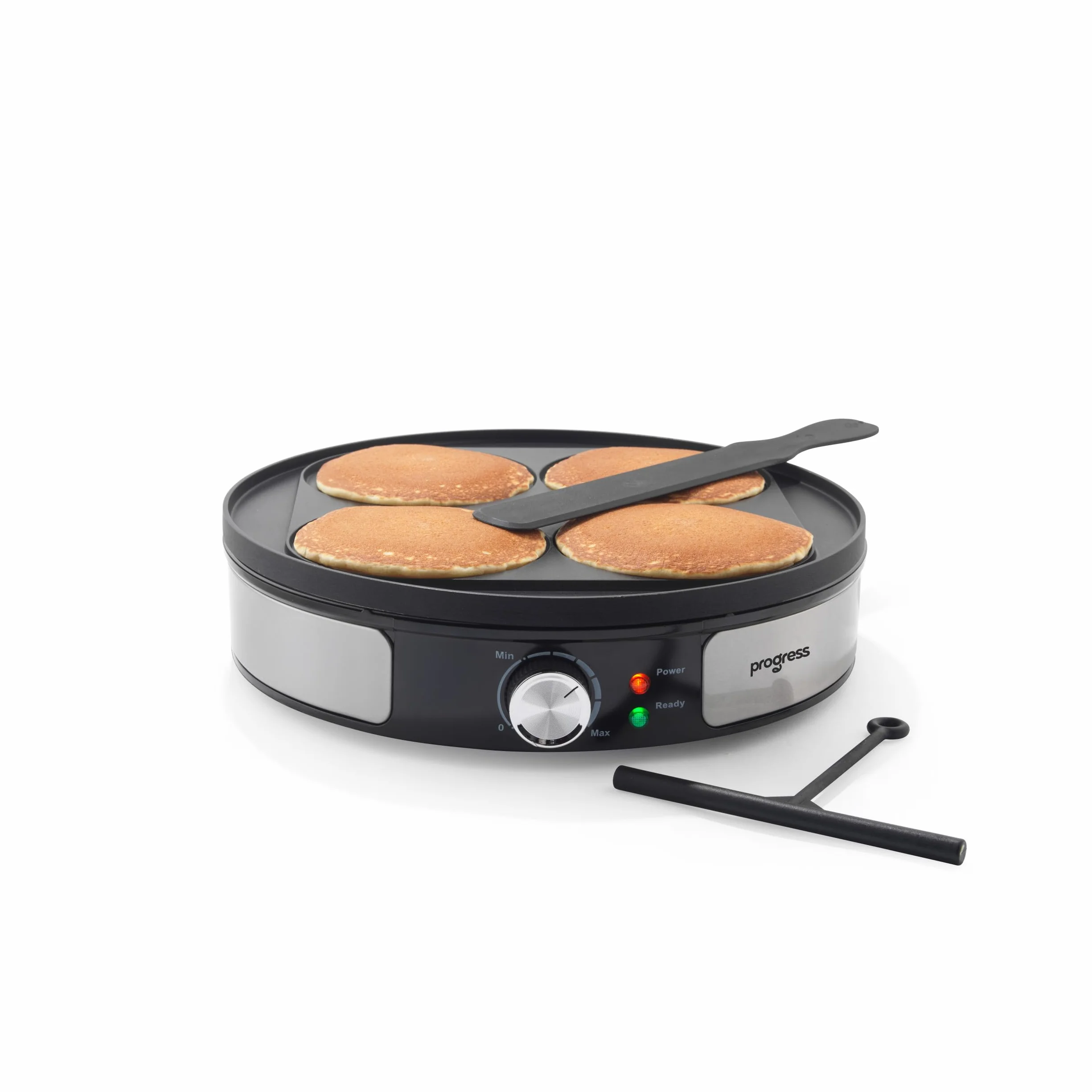 Crêpière Réversible Progress – Plaque de Cuisson 30 cm, Insert Scotch Pancakes, Revêtement Antiadhésif, Étaleur de Pâte & Spatule, Contrôle de Température Réglable, 1000W