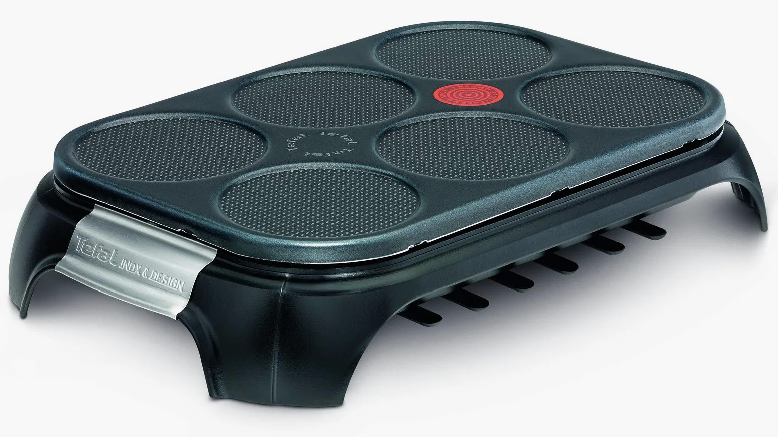 Tefal Crêpière électrique, 6 empreintes, Revêtement antiadhésif, Fonction Thermospot, Rangement des accessoires sous l’appareil, Crêpes, Pancakes, Fabriqué en France, Crep Party PY558813, Noir/Inox