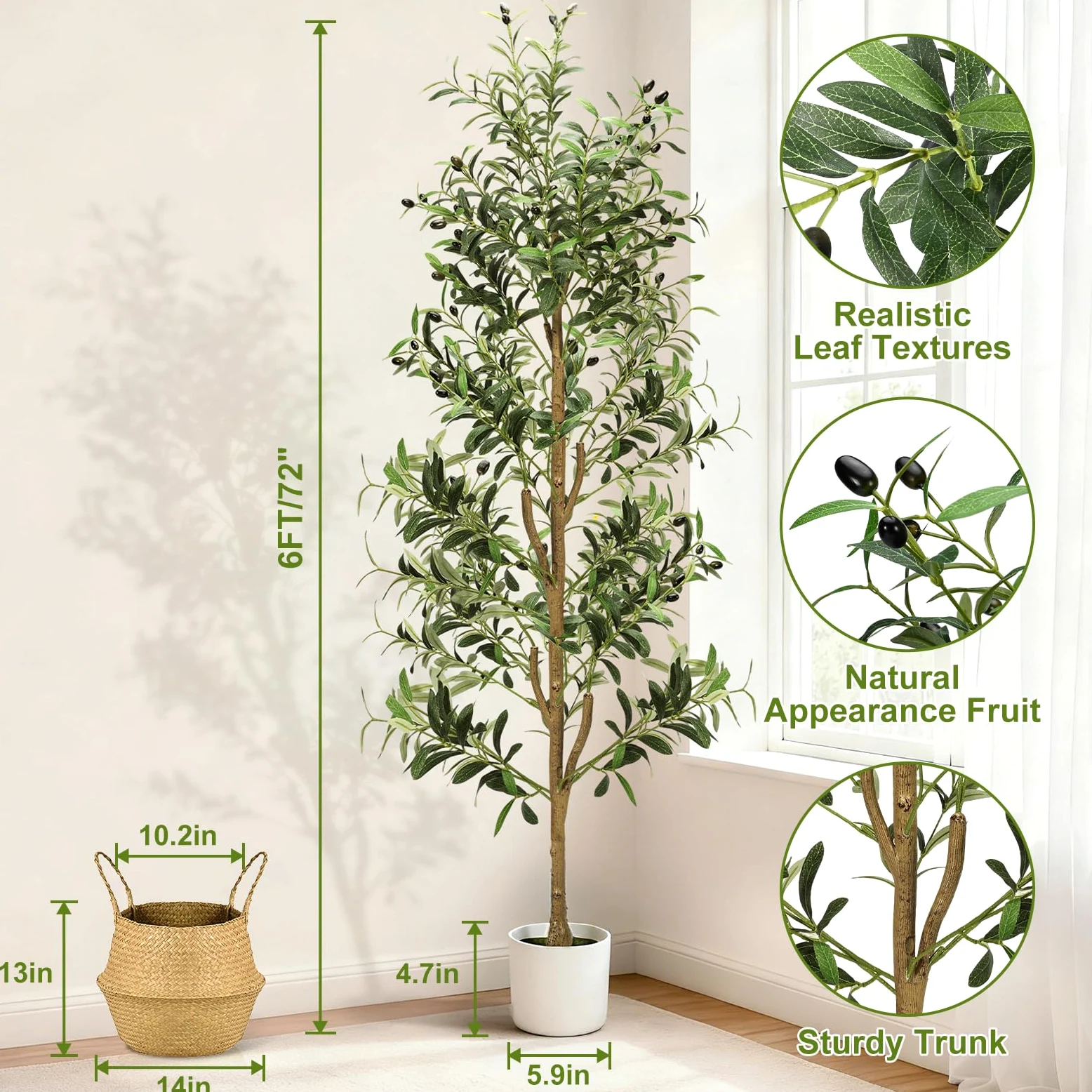 NZQXJXZ Olivier Artificiel 180 cm avec Lumières pour Maison Bureau | Plantes Artificielles Intérieur avec Pot & Panier, Fausse Plante Intérieur avec Tronc Naturel et Fruits Réalistes