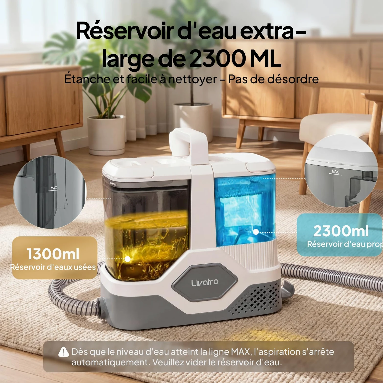Livatro Shampouineuse Nettoyeur Canapé Tissu, 600W 16KPa Injecteur Extracteur, Fonction Autonettoyante, Réservoir 2,3 L, Compact et Portable, Shampouineuse Canape pour Tapis, Moquettes, Meubles, Auto