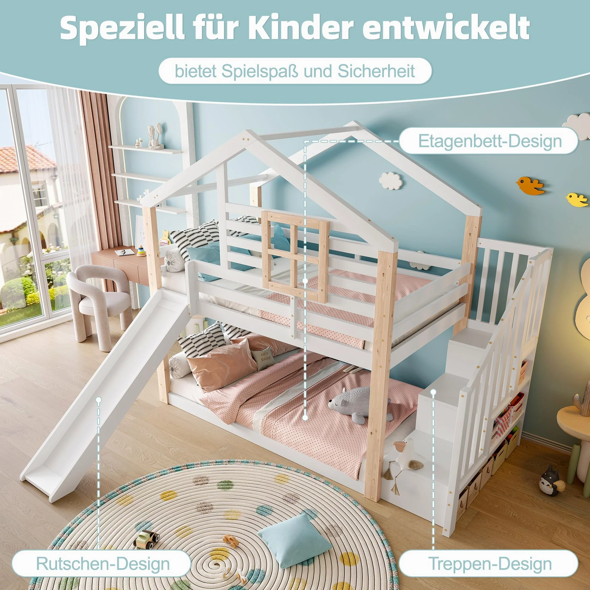 Zepneiy Lit Cabane Enfants 90x200 avec Toboggan et fenêtre, Lit Superposé 2 Places avec Rampe et Espace de Rangement, pour Les frères et sœurs, en Bois Massif Blanc (sans Matelas)