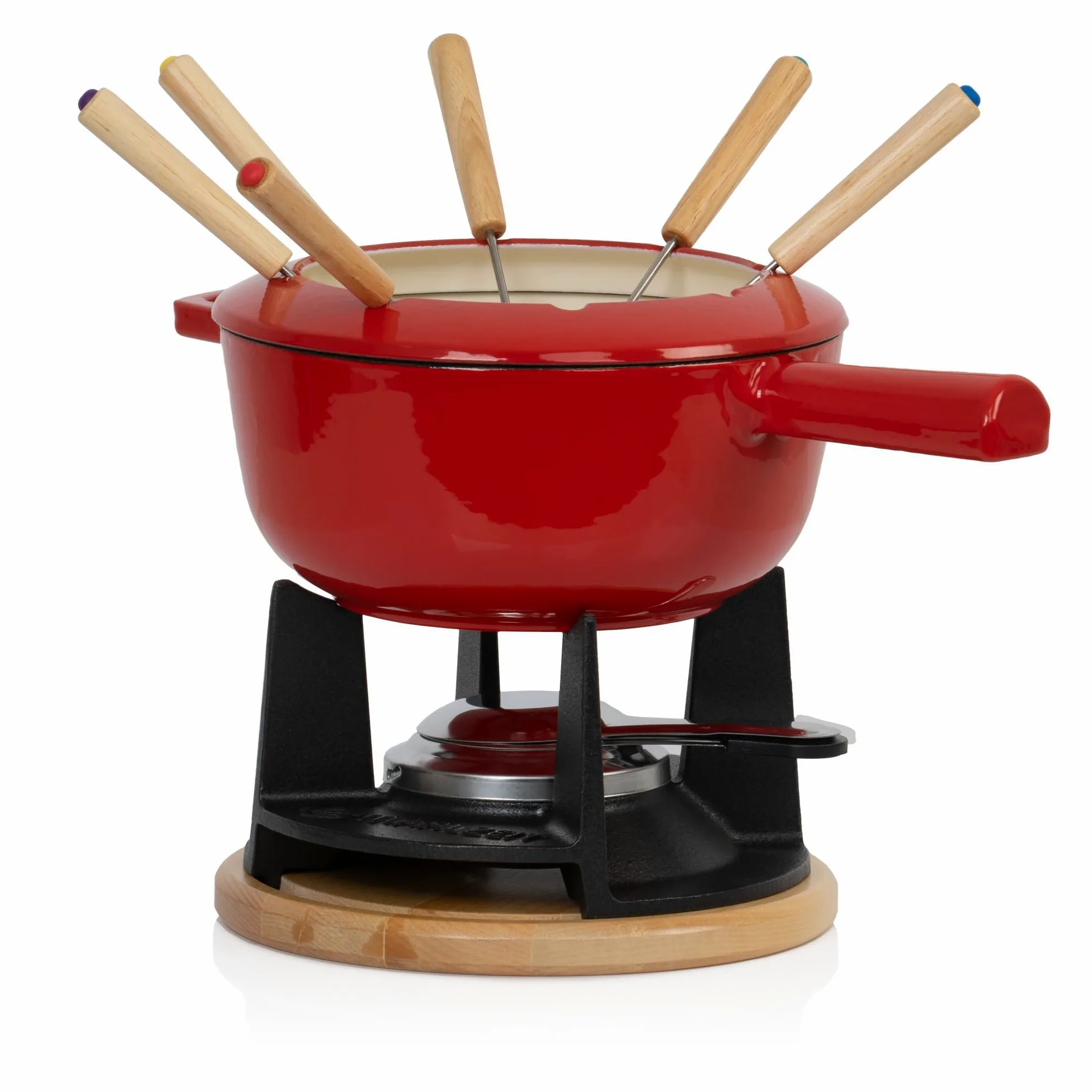 Mahlzeit Service à Fondue en Fonte pour 6 Personnes | 2 litres | Service à Fondue à 13 pièces avec brûleur et fourchettes | Service à Fondue Chocolat, Fondue bourguignonne (Rouge émaillé)