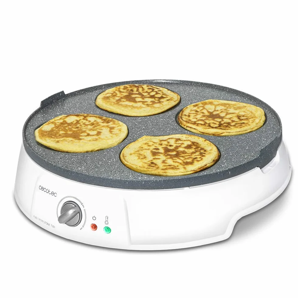 Cecotec Crépière Fun CrepeStone Twin. 1200W de Puissance et Revêtement Anti-Adhérant en Pierre Ecologique RockStone Avec Plaque Réversible, 1 Grande Crêpe ou 4 Mini-Crêpes