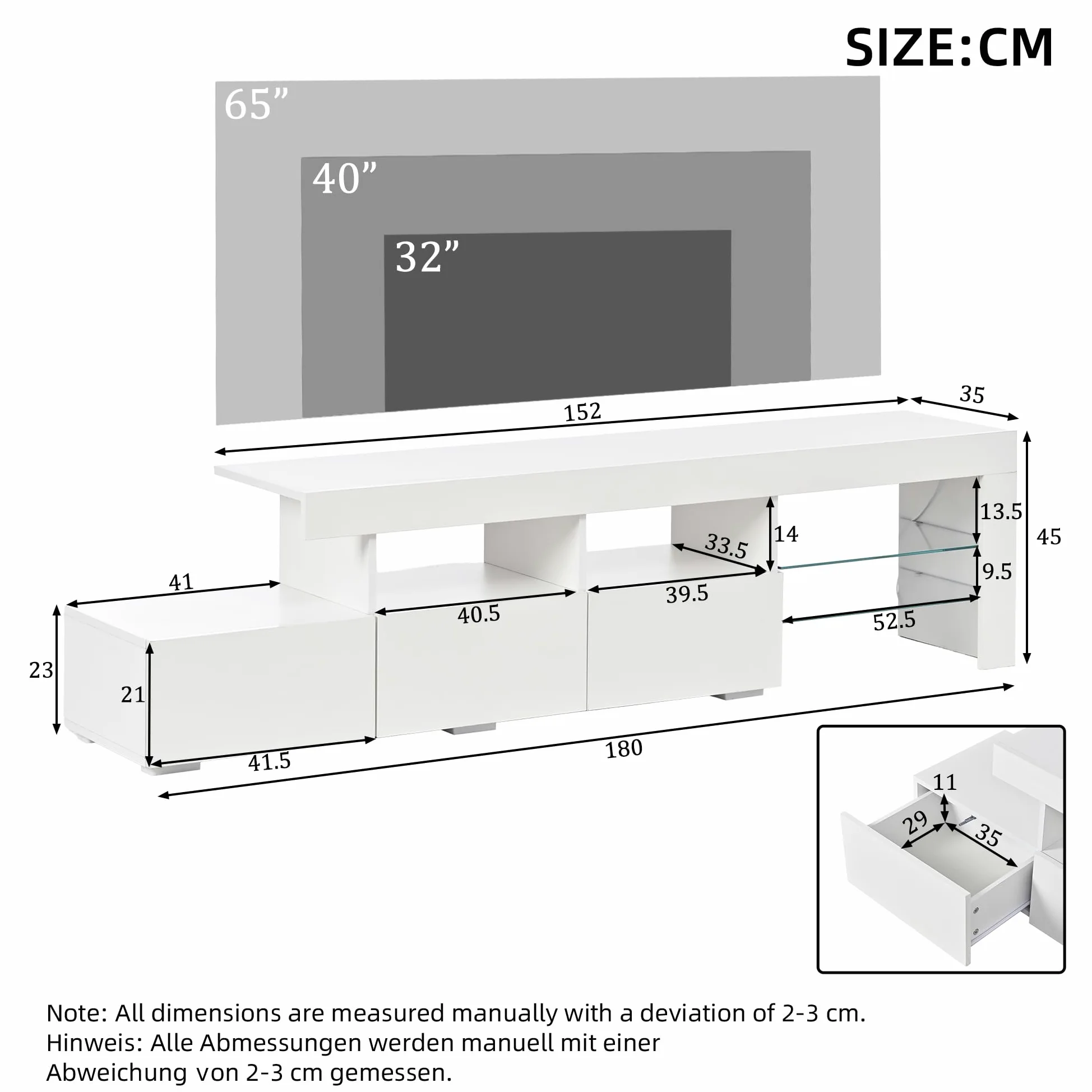 Meuble TV 180 cm Blanc Laqué avec Éclairage LED Piloté par App, Banc TV Moderne pour Téléviseurs jusqu'à 75 Pouces, 3 Tiroirs Push-to-Open et 7 Compartiments de Rangement pour Salon et Chambre