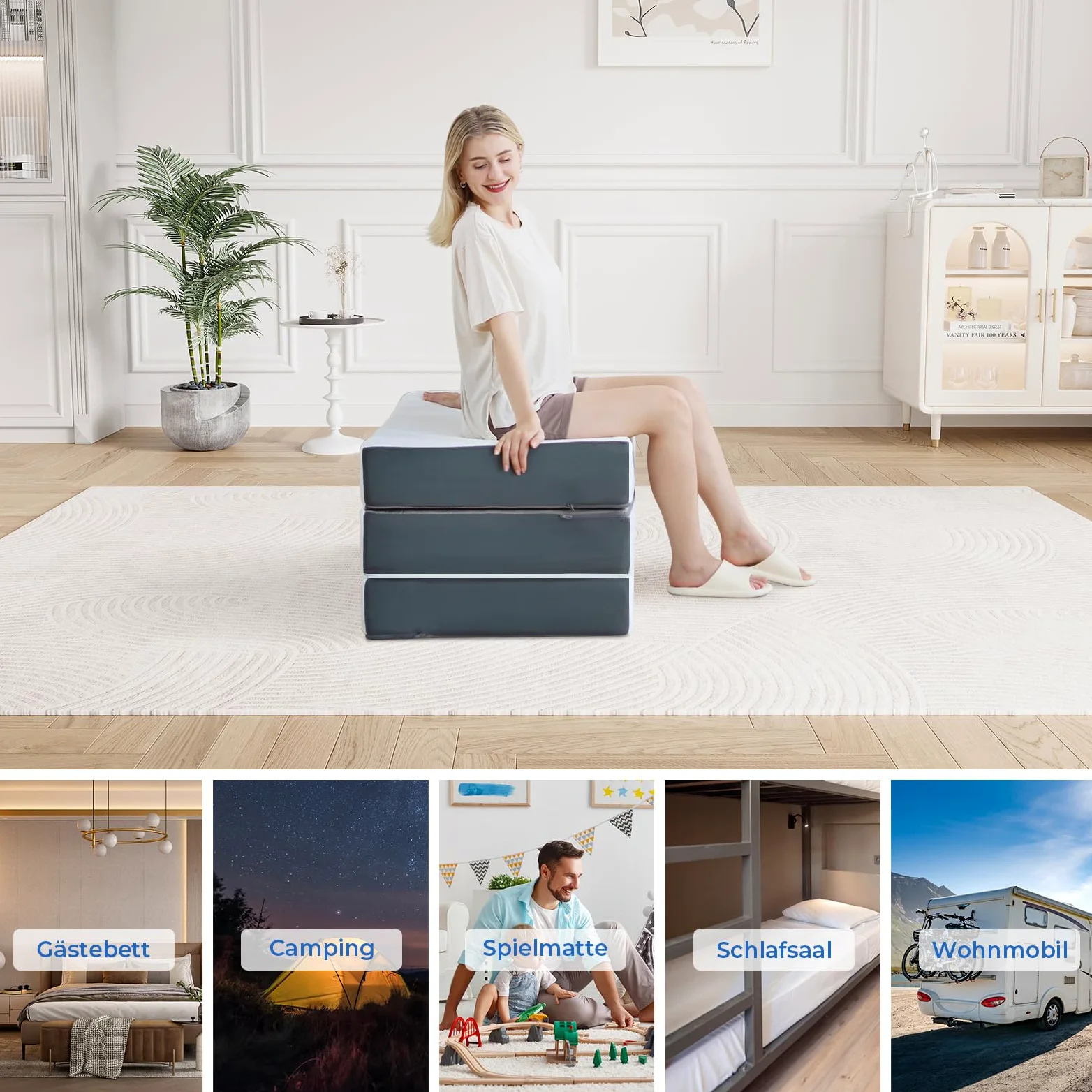 Vesgantti Matelas pliant 90 x 190 x 15 cm 3 pièces en mousse gel Matelas pliable pour lit d'invités Lit de voyage Peu encombrant Certifié Öko-Tex