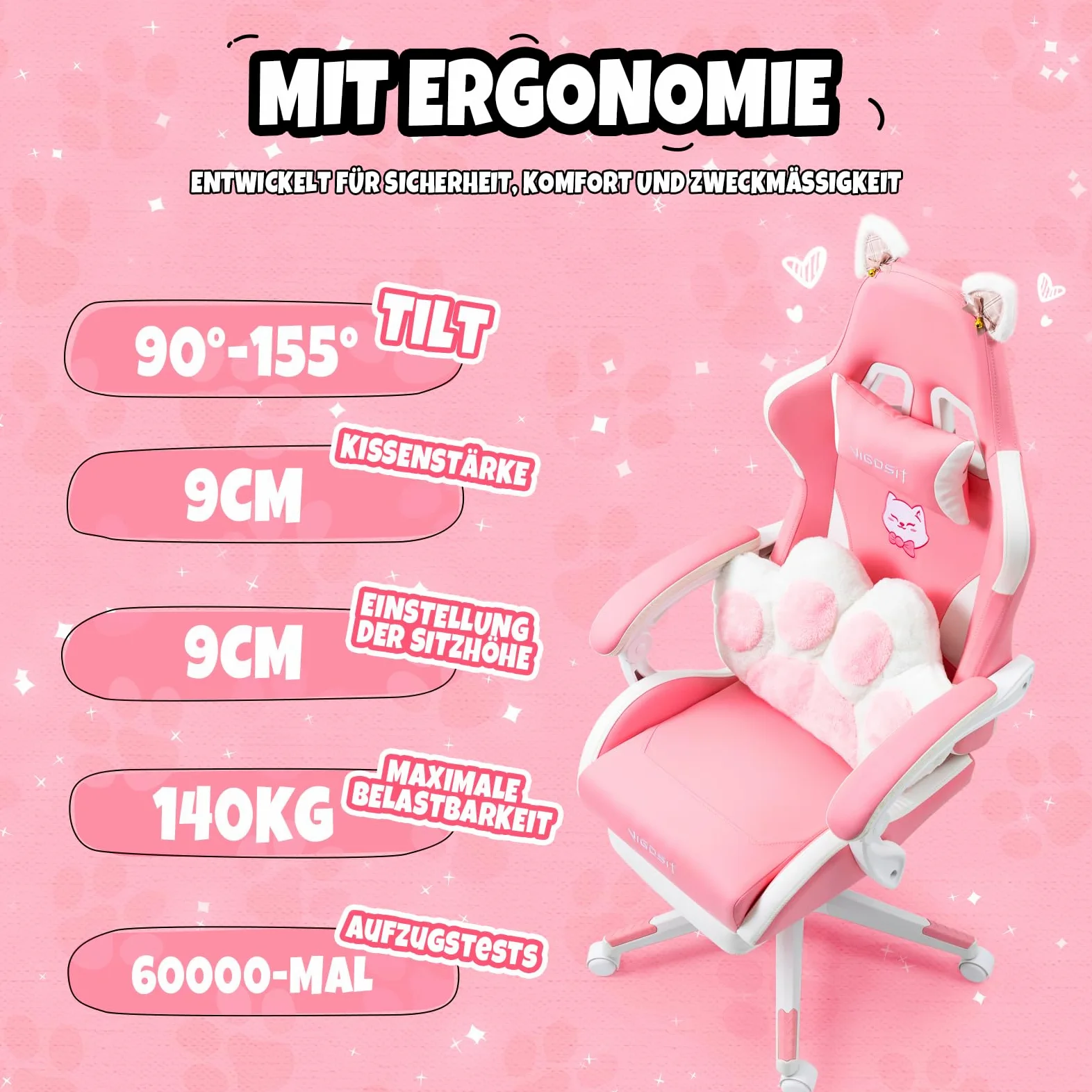 Vigosit Chaise de jeu PC mignonne, ergonomique, avec coussin lombaire et oreilles de chat, repose-pieds réglable, pour filles, adolescentes, enfants, rose