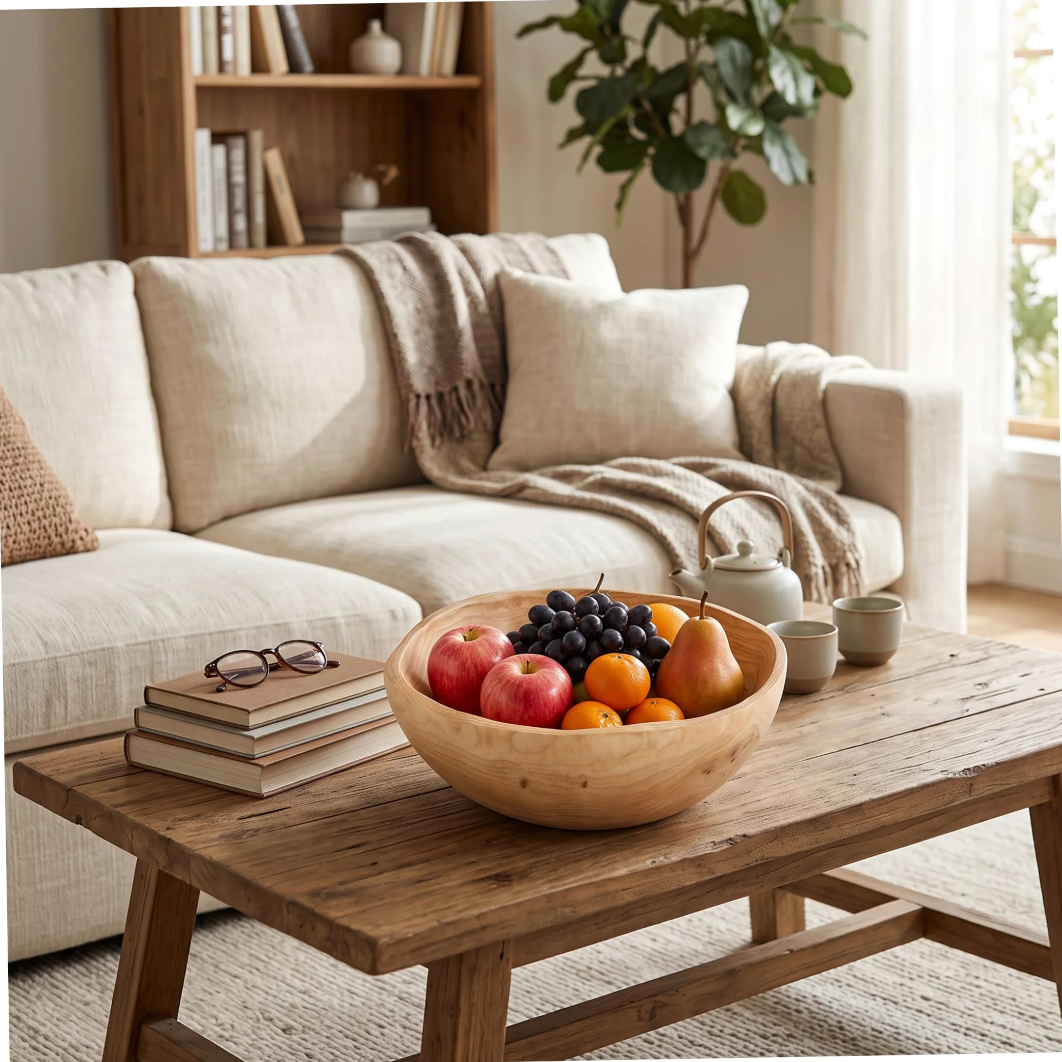 Bol en bois avec bol en bois enduit de grain naturel, 10-11 pouces | Lisse sans bord, construction robuste, lavage facile, convient aux fruits, salades, bijoux, clés.