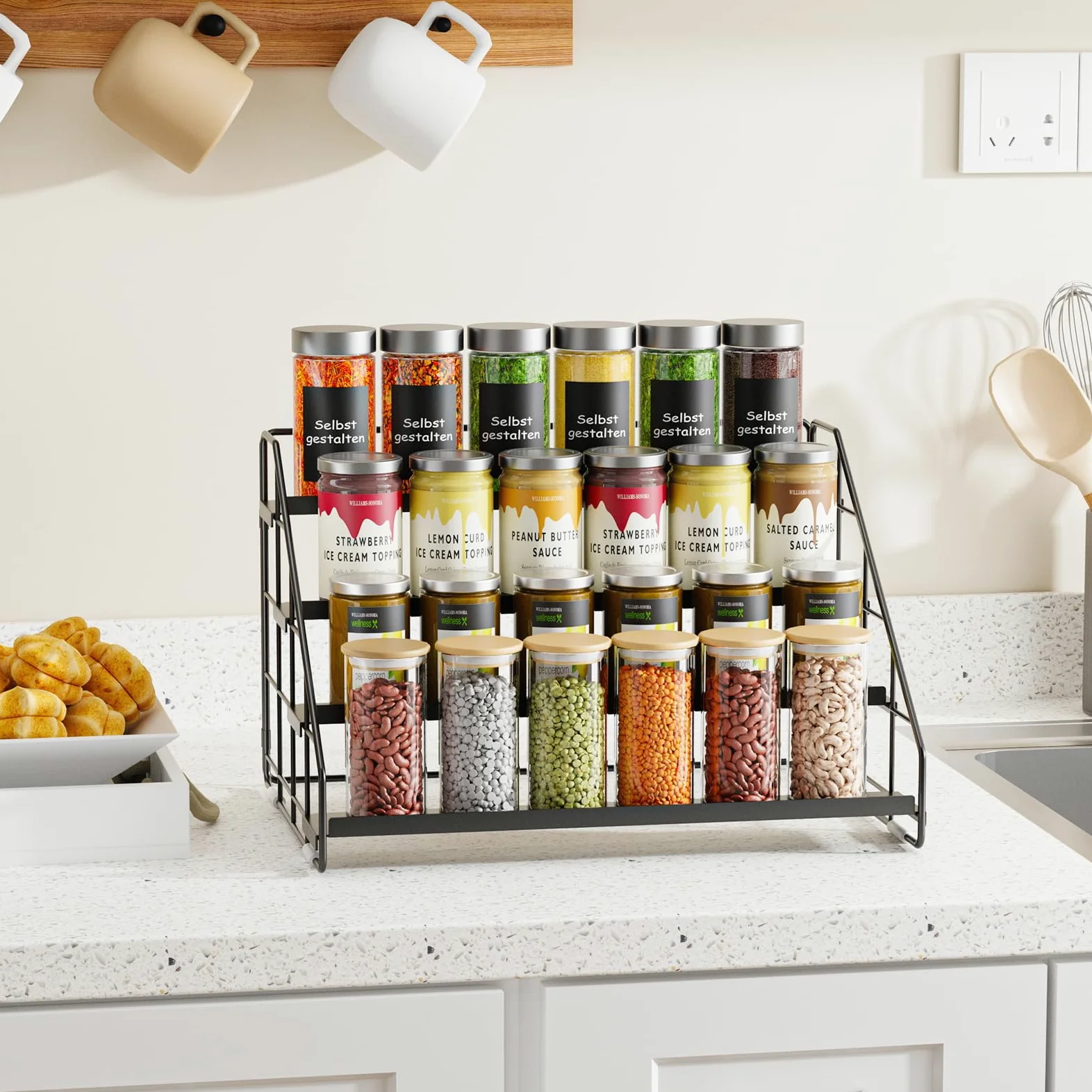 Lot de 2 étagères à épices debout à 4 niveaux, hauteur réglable (2/3/4 niveaux) et sans perçage, en métal noir, avec crochets en S et étiquettes, organisateur d'épices pour cuisine, armoire