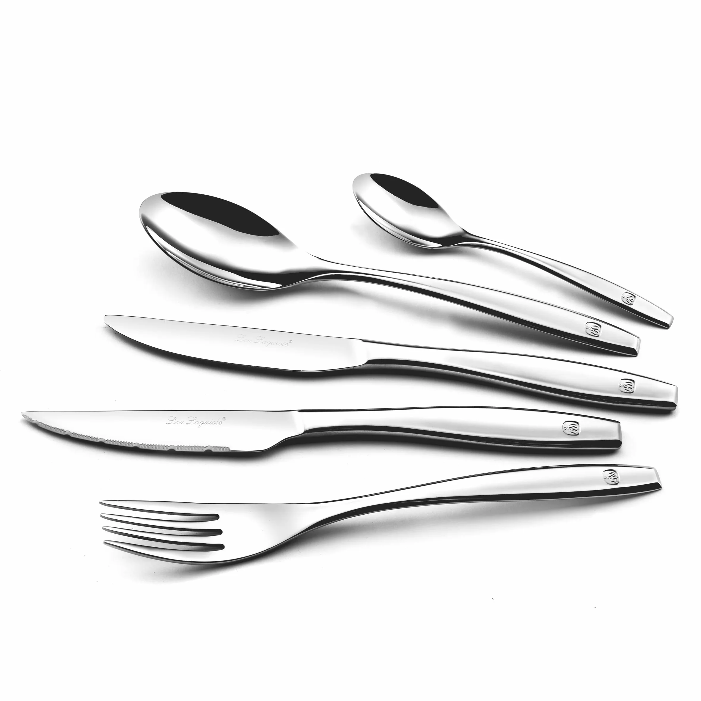 LOU LAGUIOLE - Ménagère 62 pièces avec couverts de table et couteaux steak pour 12 personnes - Figure - Acier inoxydable 18/0, Finition Miroir