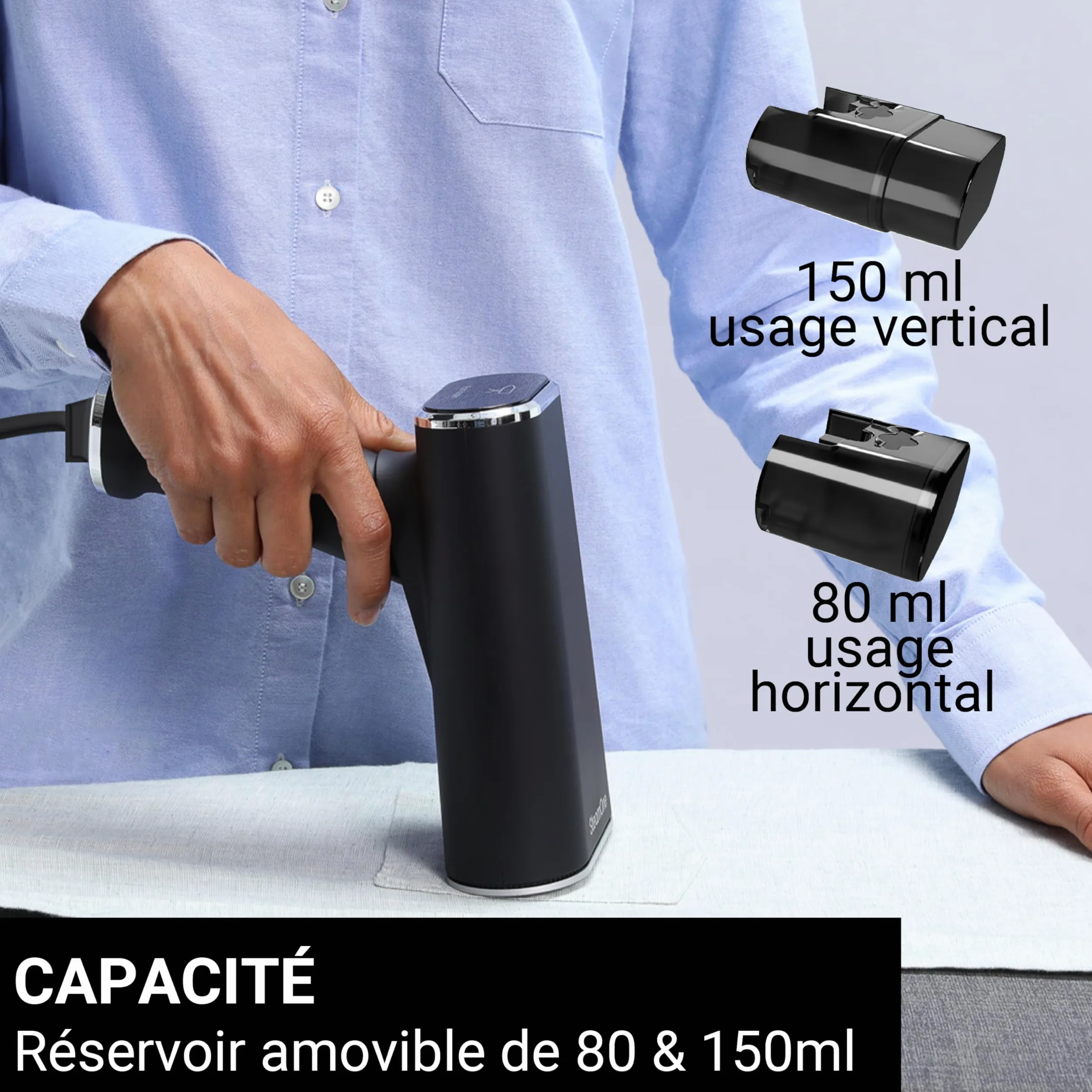 STEAMONE - Steamer Défroisseur à vapeur 2000W 35g/min - Fer portatif - Capacité 80 & 150 ml- Elimines 99,99% d'impuretés - Prêt en 15s - Cable 3m - Format compact - EUFD80BV2