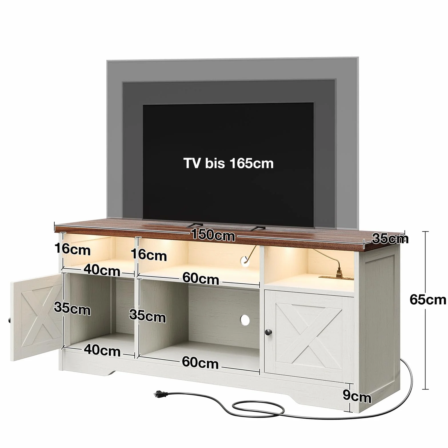 Coleshome Meuble TV, Meuble Tele avec Prises, USB et LED, 4 Compartiments Ouverts et 2 Placards, Idéal pour Le Salon et la Chambre, 150 x 35 x 65 cm, Blanc et Noyer