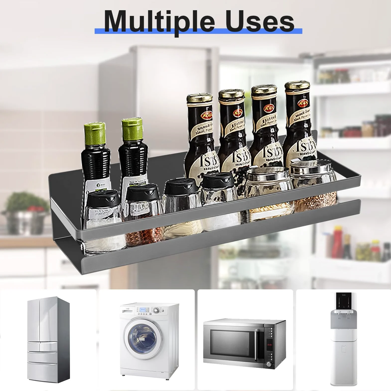 Uten Grande étagère à épices magnétique pour réfrigérateur, lot de 2 étagères magnétiques puissantes, étagère magnétique mobile pour la cuisine, contenir des épices, des bocaux, parfait pour