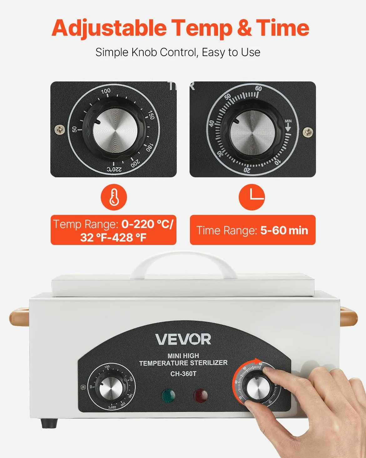 VEVOR Stérilisateur à Air Chaud 2 L 300 W, Boîte de Désinfection à Haute Température, Température et Durée Réglables, pour Nettoyage des Outils d'Onglerie, Labo, Maison, Salon de Manucure et de Beauté