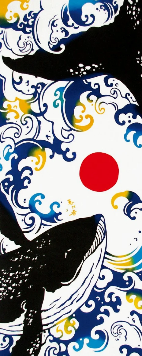 Serviette Japonaise Tenugui Baleine Bleu