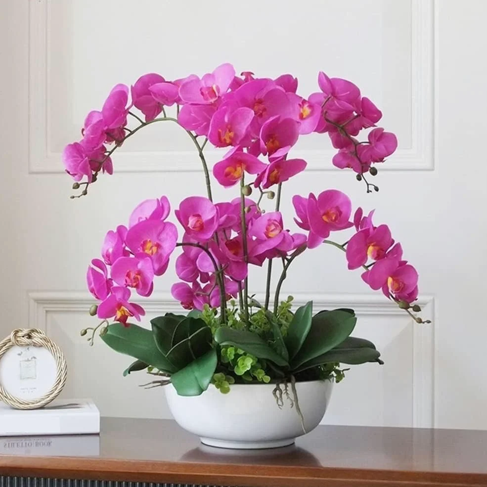 Orchidée Artificielle avec Vase Fleurs de phalaenopsis artificielles Colle au Toucher Fleur Artificielle 53 cm Fausse Fleur Maison Fausses orchidées Fleurs artificielles