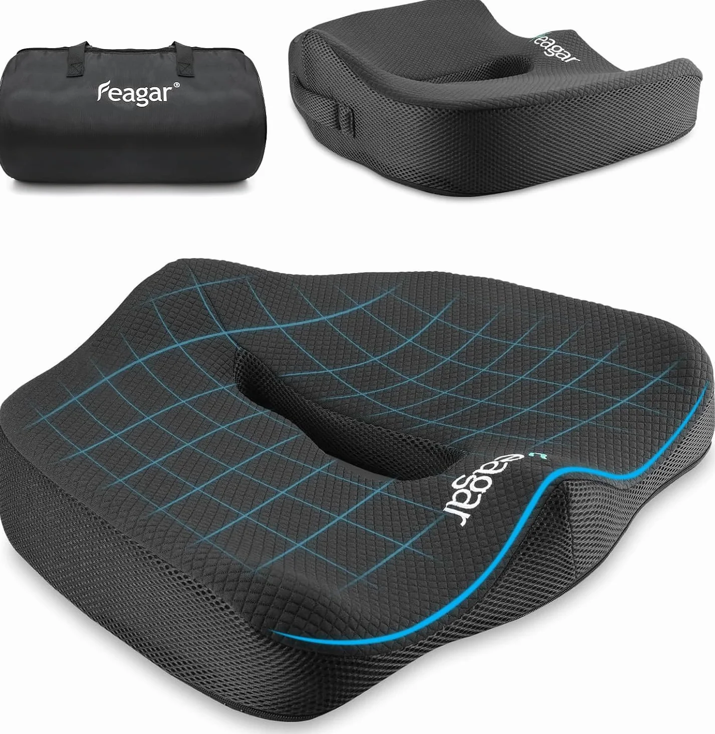 Feagar Coussin de Chaises en Mousse à Mémoire - Coussin Coccyx Ergonomique pour Siège Voiture Auto Conducteur Fauteil Bureau Fauteuil Roulant,Coussin Sciatique,Coussin d Assise,Noir