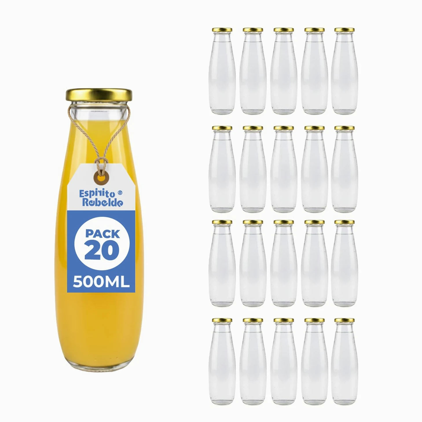 Espirito Rebelde Lot de 20 Bouteilles en Verre Vides de 500 ml avec Couvercle | Bouteilles en Verre pour Jus, Lait, Barbecue, Sauces | Idéales pour Pique-niques, Mariages et Fêtes