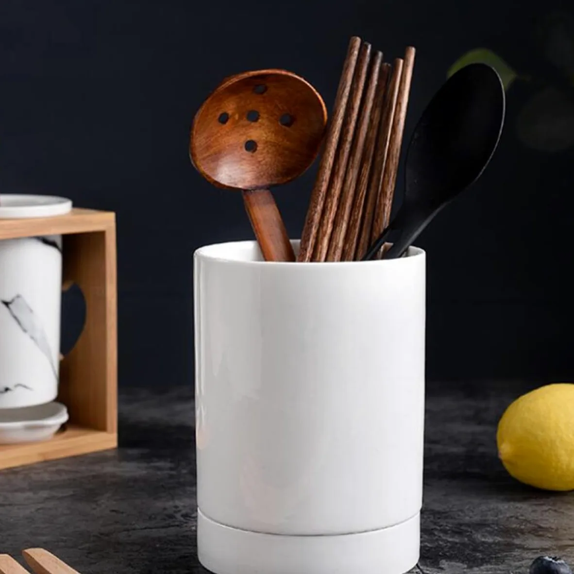 Porte-ustensiles Multipurpose Égouttoir Blanc en Céramique Cuisine Organisateur Pratique pour Baguettes pour Comptoir Cuisine