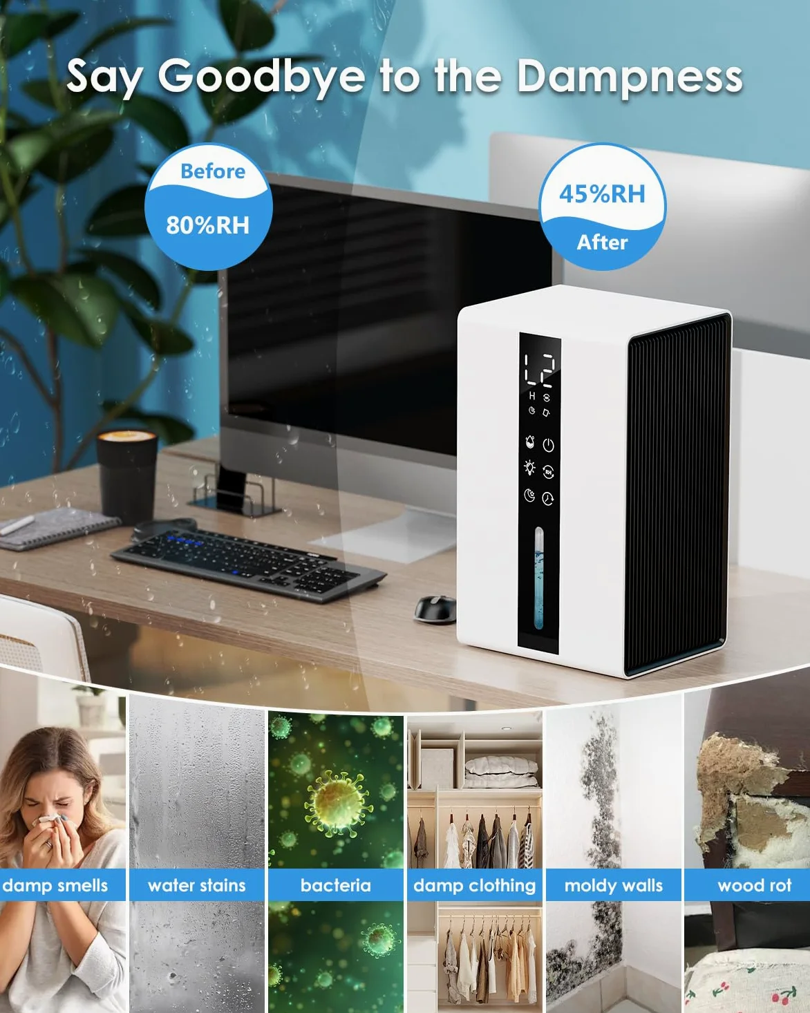 Deshumidificateur d Air avec 1800ML - Déshumidificateur Électrique 2 Vitesses et 2 Modes, Dégivrage Automatique et Arrêt Automatique, Minuterie 6-48H et Éclairage RGB - pour Salle de Bain et Chambre
