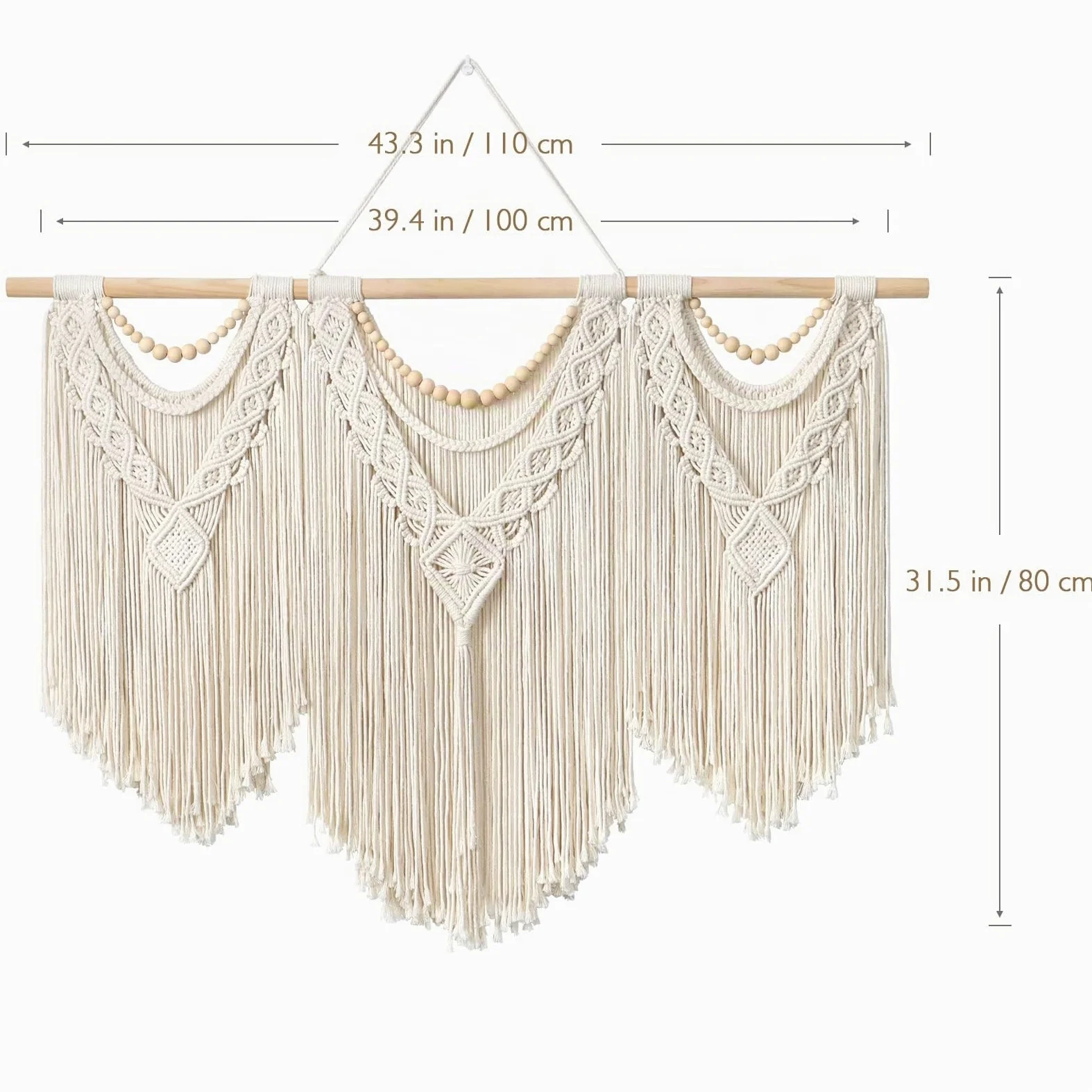 Dremisland Macramé Tenture Murale Grande Boho Chic Tissé Tapisserie Feuille Gland Art Coton Corde Bohème Macramé Décoration Murale pour Chambre Salon Appartement Toile de Fond (Perles en bois)