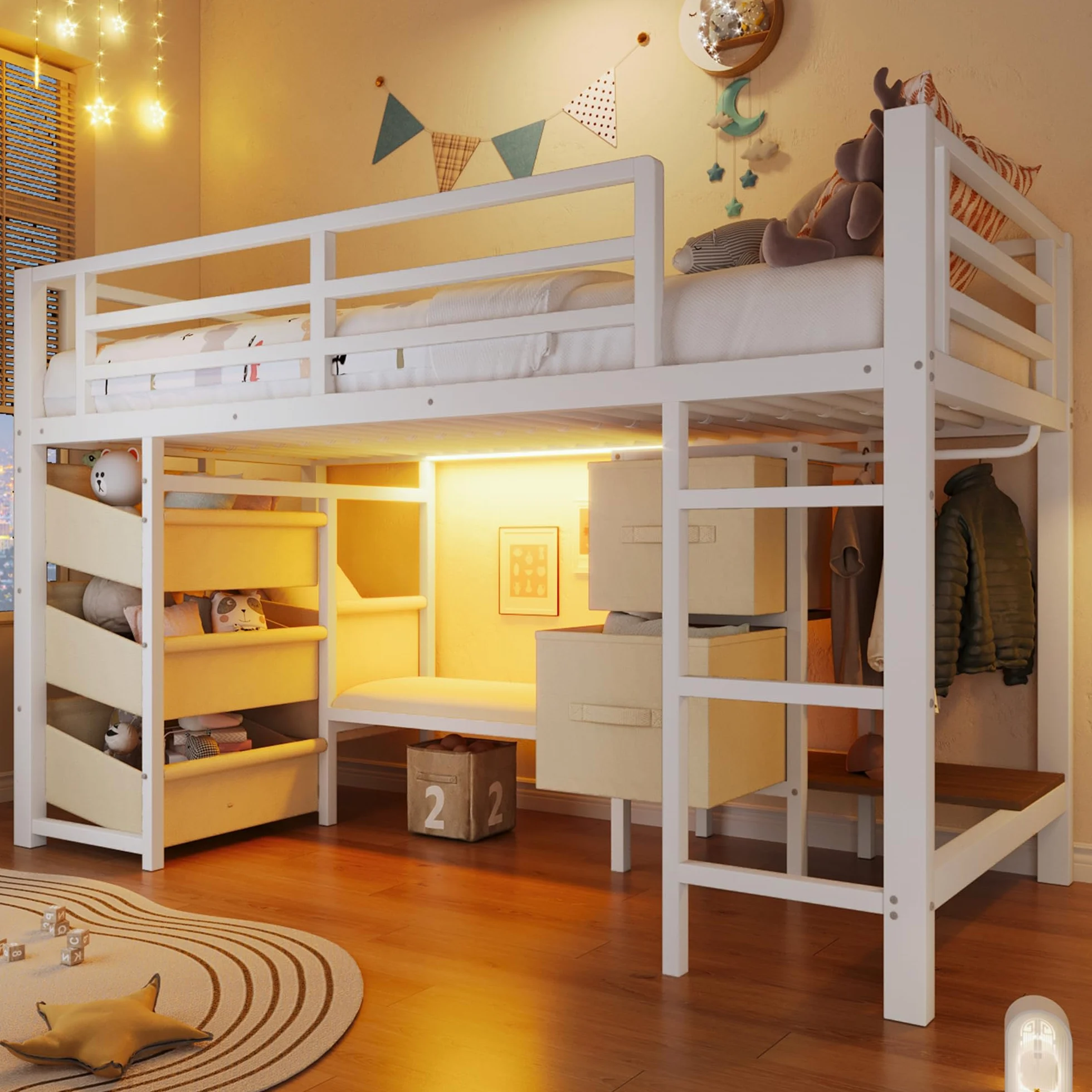 Lit enfant 90x200 avec LED,coussin d'assise,tiroir de rangement en tissu,sac de rangement en tissu,espace patère,lit mezzanine enfant en métal,cadre de lit mi hauteur 90x200 avec sommier (A-Blanc)