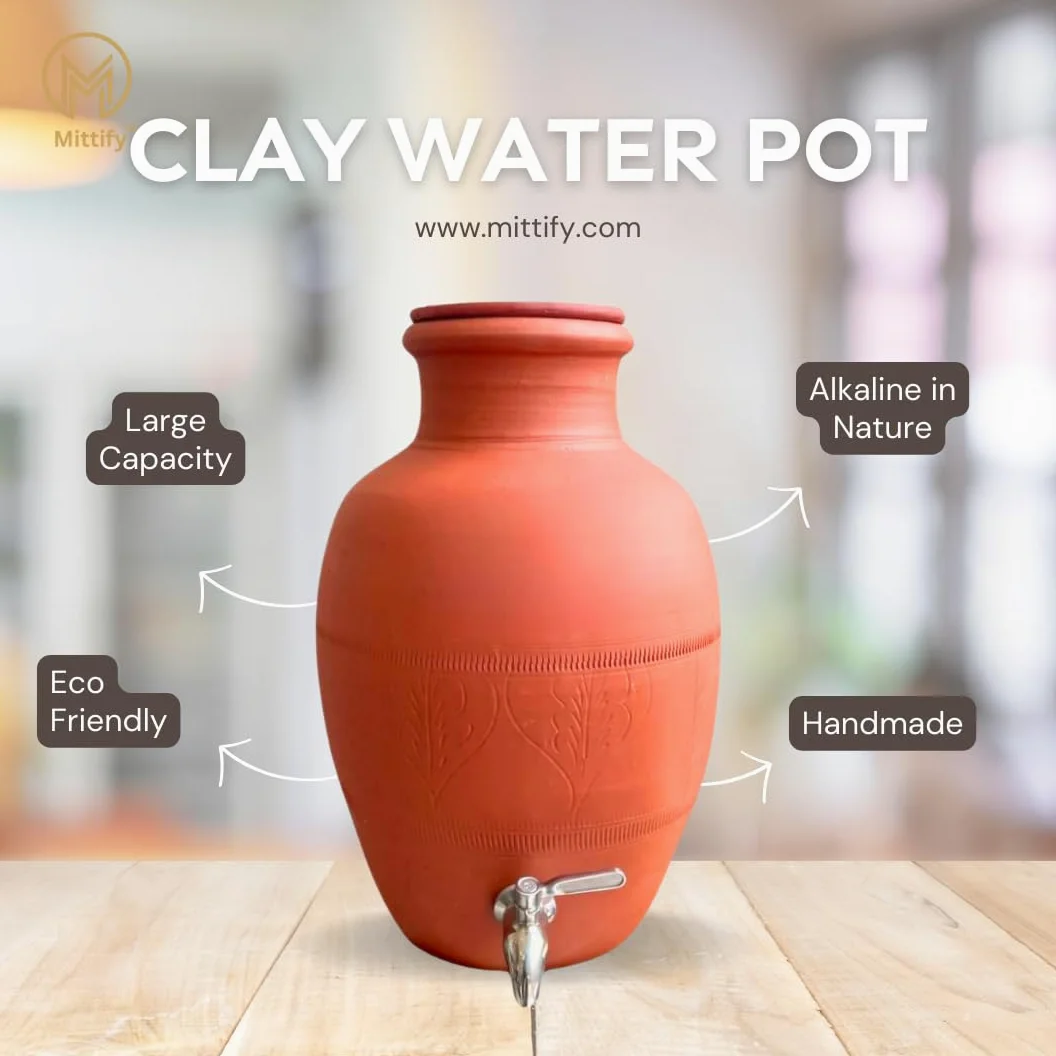 Pot d'eau fait main en terre cuite Rajasthani en acier inoxydable | Distributeur de terre 100 % écologique | Mitti ka Matka – 8 litres