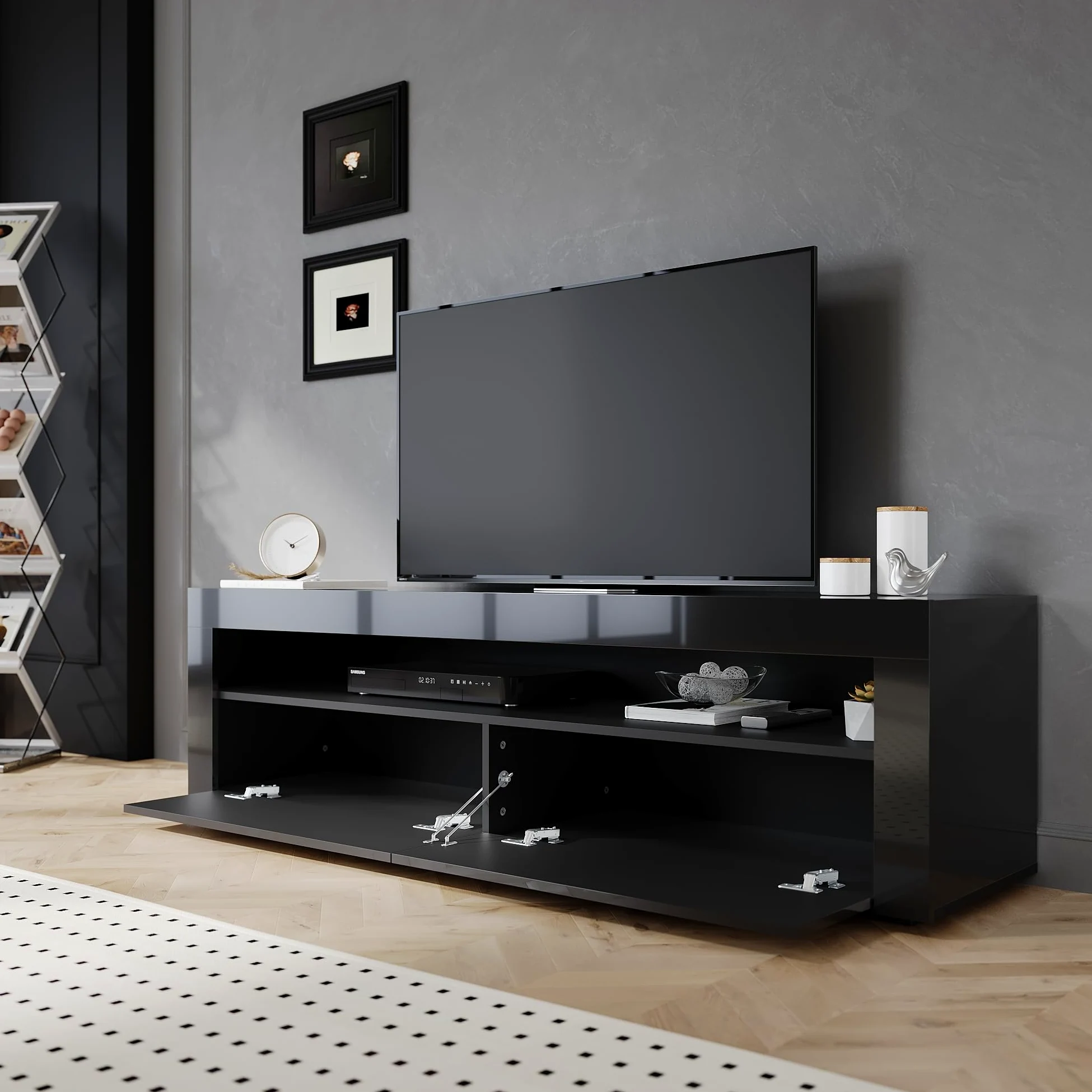 SIRHONA Meuble TV Noir, Meuble Tele avec LED, Éclairage LED RGB avec Couleur réglable, 2 Placards avec Portes, 160x40x45cm, Convient pour Salon ou Chambre