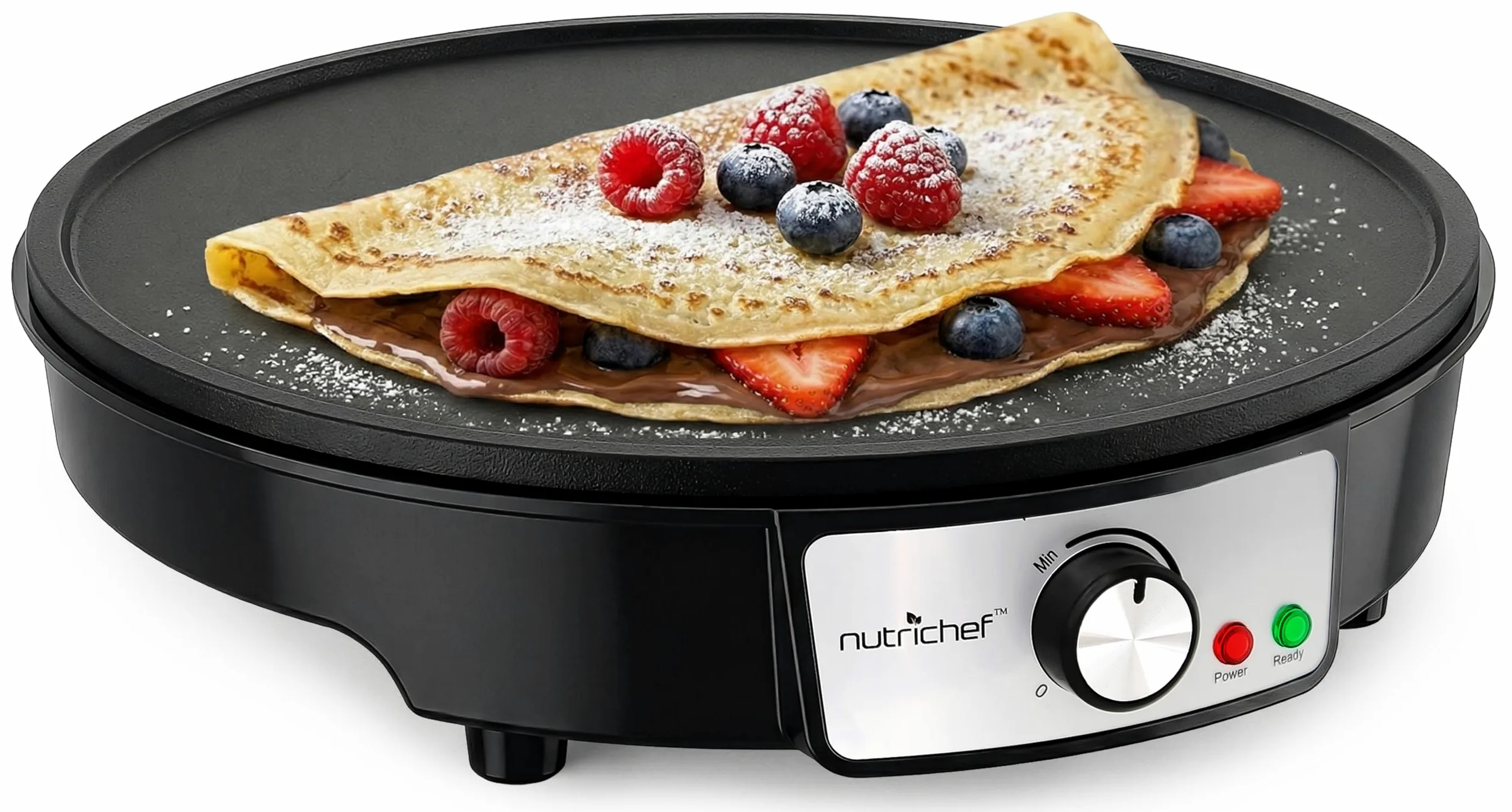 NutriChef Crêpière Électrique 30 cm – Plaque en Aluminium Antiadhésive avec LED, Thermostat Réglable, Spatule Bois et Râteau Inclus