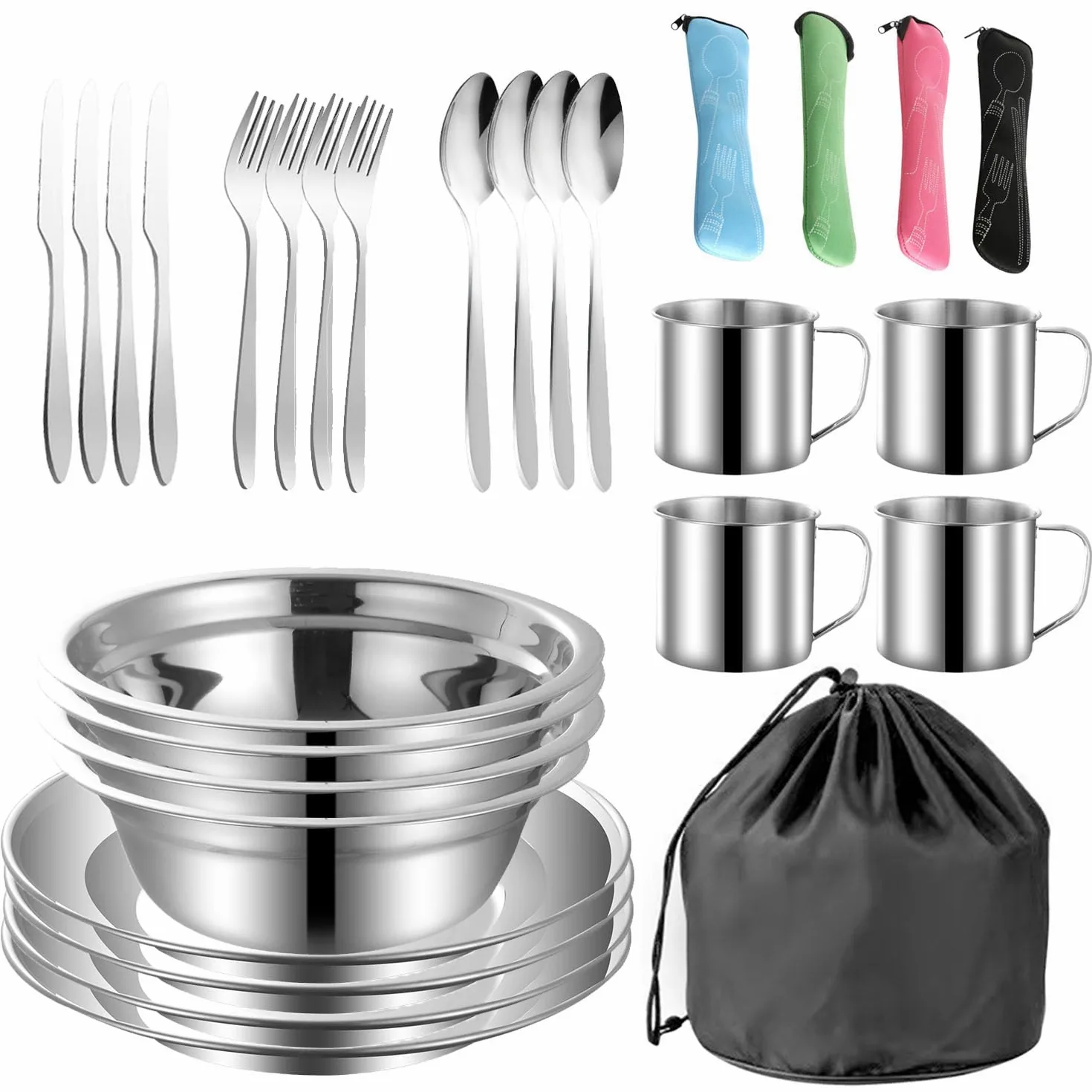 Couvert Camping pour 4 Personnes,29 pièces Couverts Camping Acier Inoxydable Assiette Tasse Couteau Fourchette Cuillère Sac Rangement,pour Famille et Amis Randonnée Pique-Nique Voyage