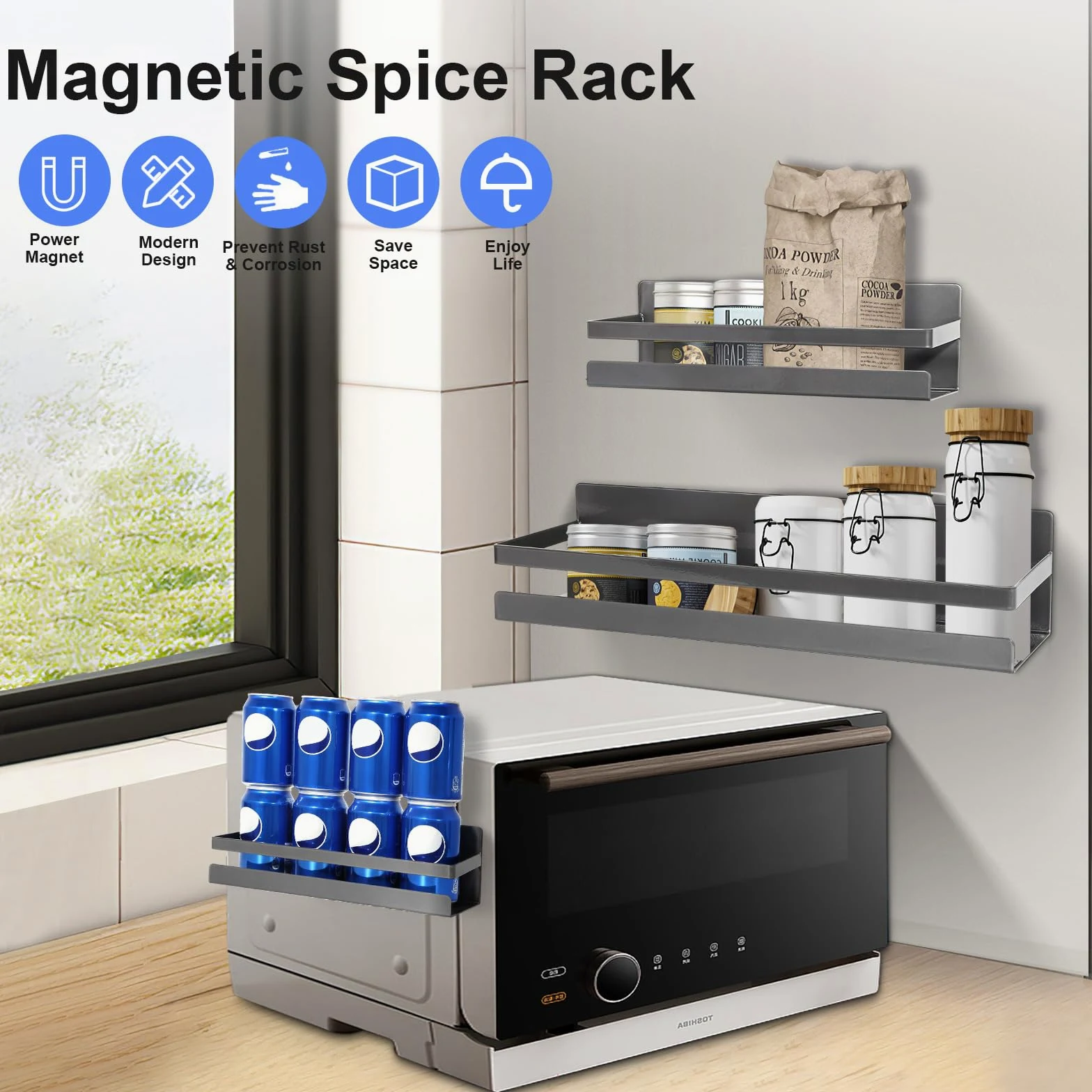 Uten Grande étagère à épices magnétique pour réfrigérateur, lot de 2 étagères magnétiques puissantes, étagère magnétique mobile pour la cuisine, contenir des épices, des bocaux, parfait pour