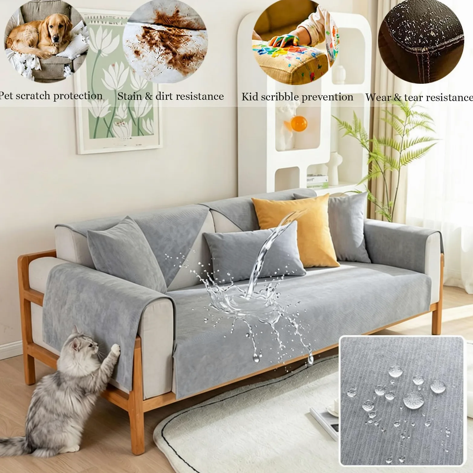 Housse de canapé Imperméable Velours Côtelé Antidérapante 1 2 3 4 Places | Protection Chat Anti Griffe Chien Coussin Assise Angle Forme L U Sectionnel Meubles Rayures Liquides Solide(Black,110x280cm)